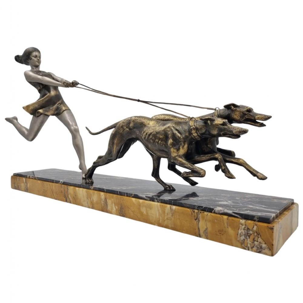 Art Deco Sculpture Young Girl Running with Greyhounds signed, Geo Maxim In Good Condition In Hoddesdon, GB