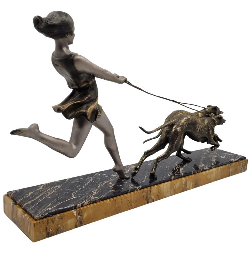 Mid-20th Century Art Deco Sculpture Young Girl Running with Greyhounds signed, Geo Maxim