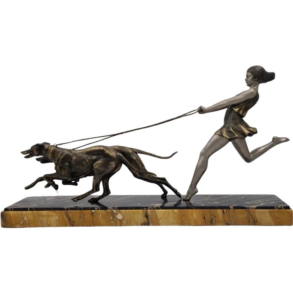 Spelter Art Deco Sculpture Young Girl Running with Greyhounds signed, Geo Maxim