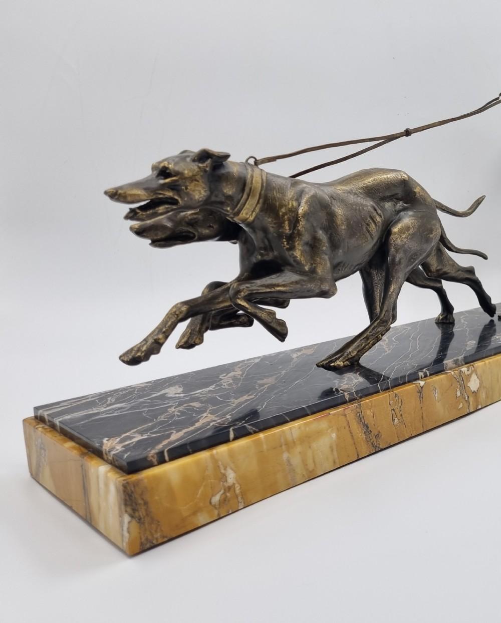 Art Deco Sculpture Young Girl Running with Greyhounds signed, Geo Maxim 1