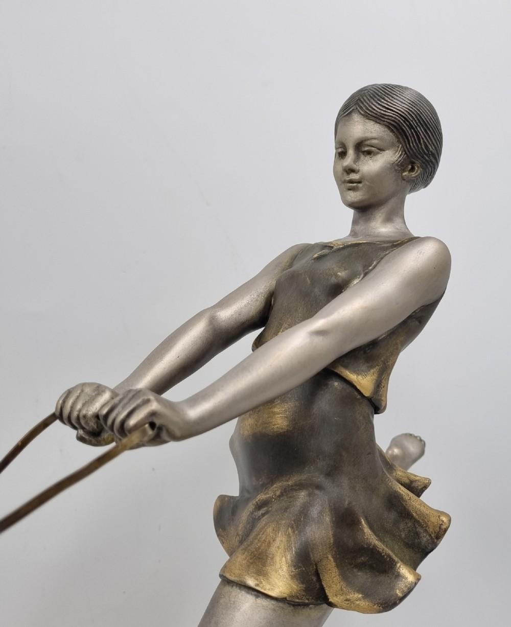 Art Deco Sculpture Young Girl Running with Greyhounds signed, Geo Maxim 2