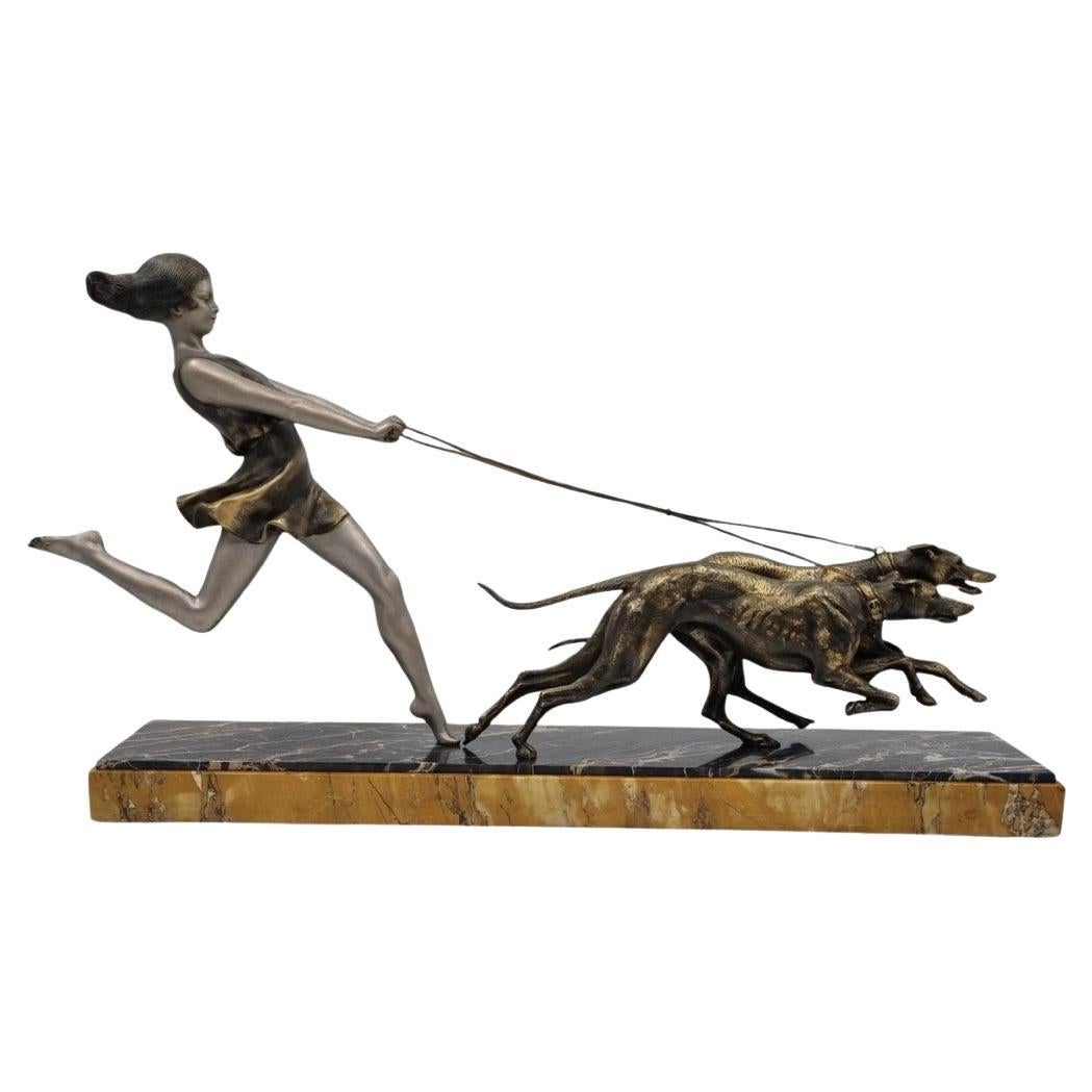 Art Deco Sculpture Young Girl Running with Greyhounds signed, Geo Maxim