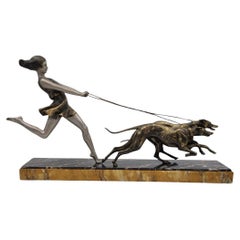 Art Deco Sculpture Young Girl Running with Greyhounds signed, Geo Maxim