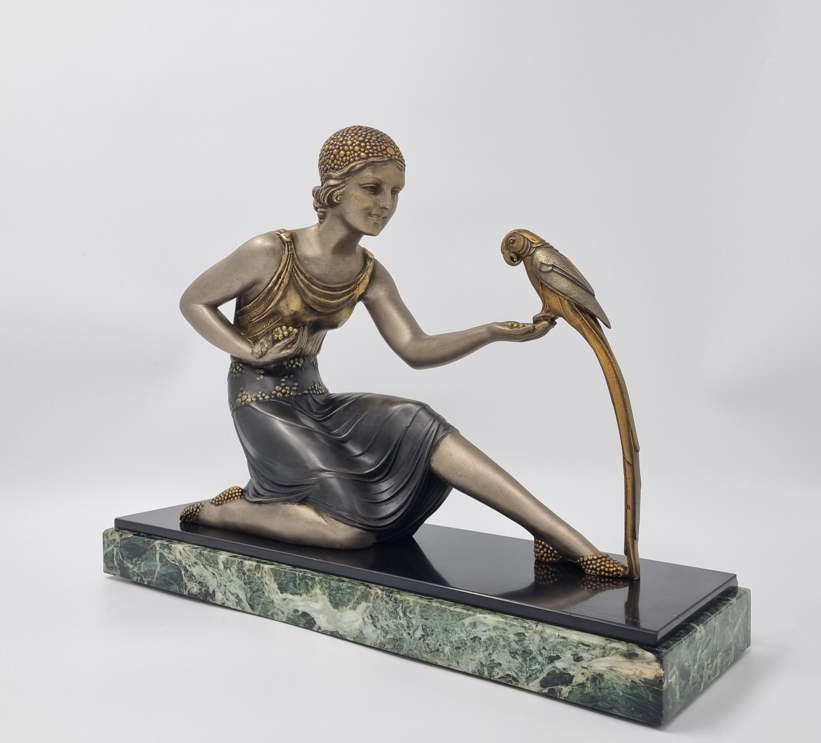 French Art Deco Sculpture Young Lady with a Parrot Signed D H Chiparus For Sale