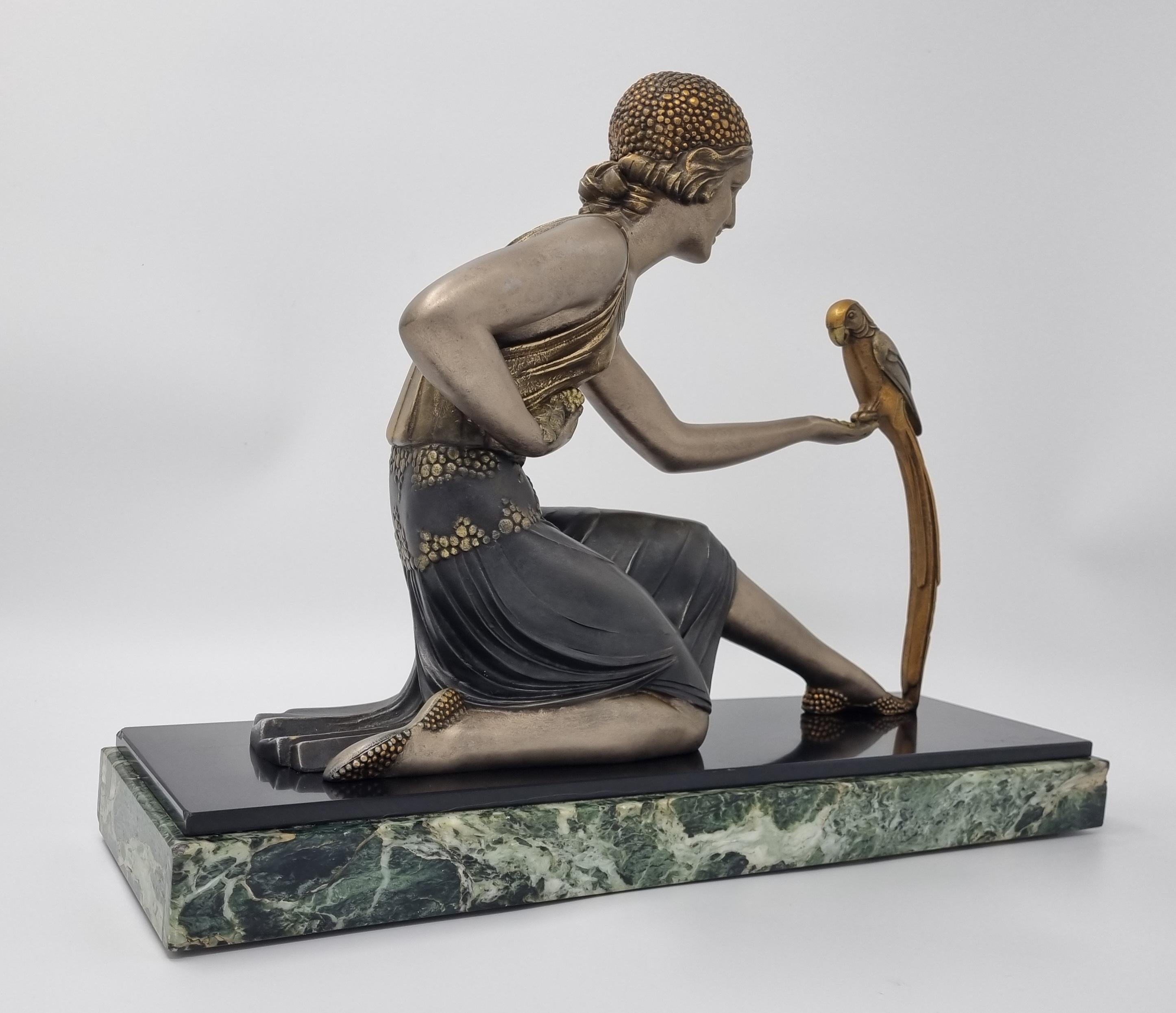 Cast Art Deco Sculpture Young Lady with a Parrot Signed D H Chiparus