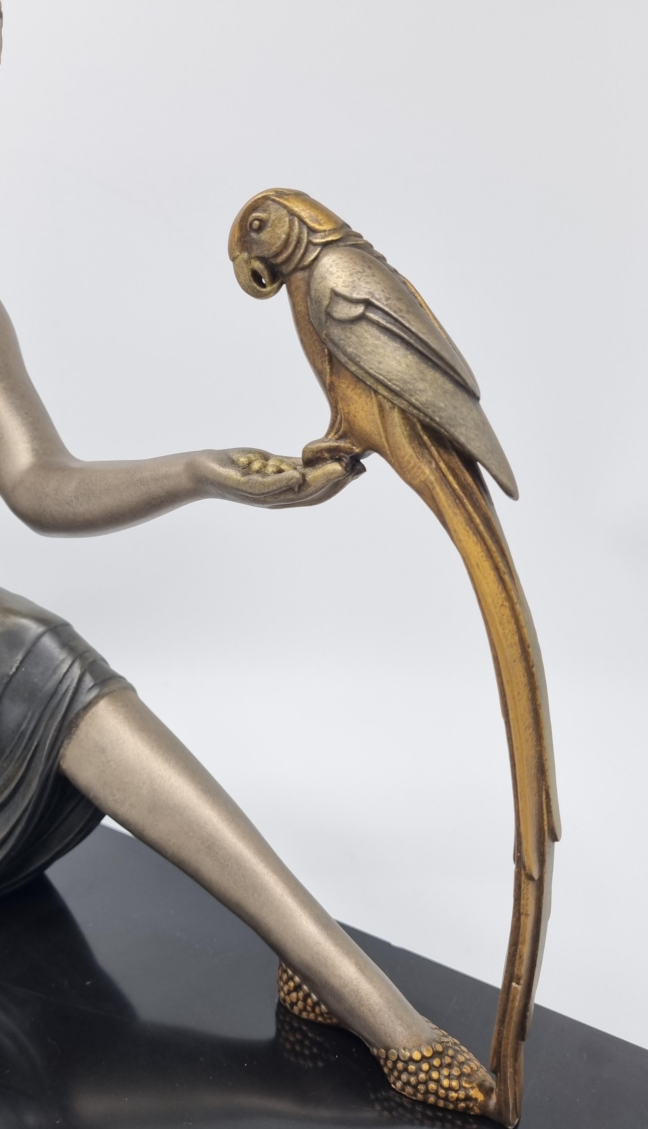 Art Deco Sculpture Young Lady with a Parrot Signed D H Chiparus In Good Condition In Hoddesdon, GB