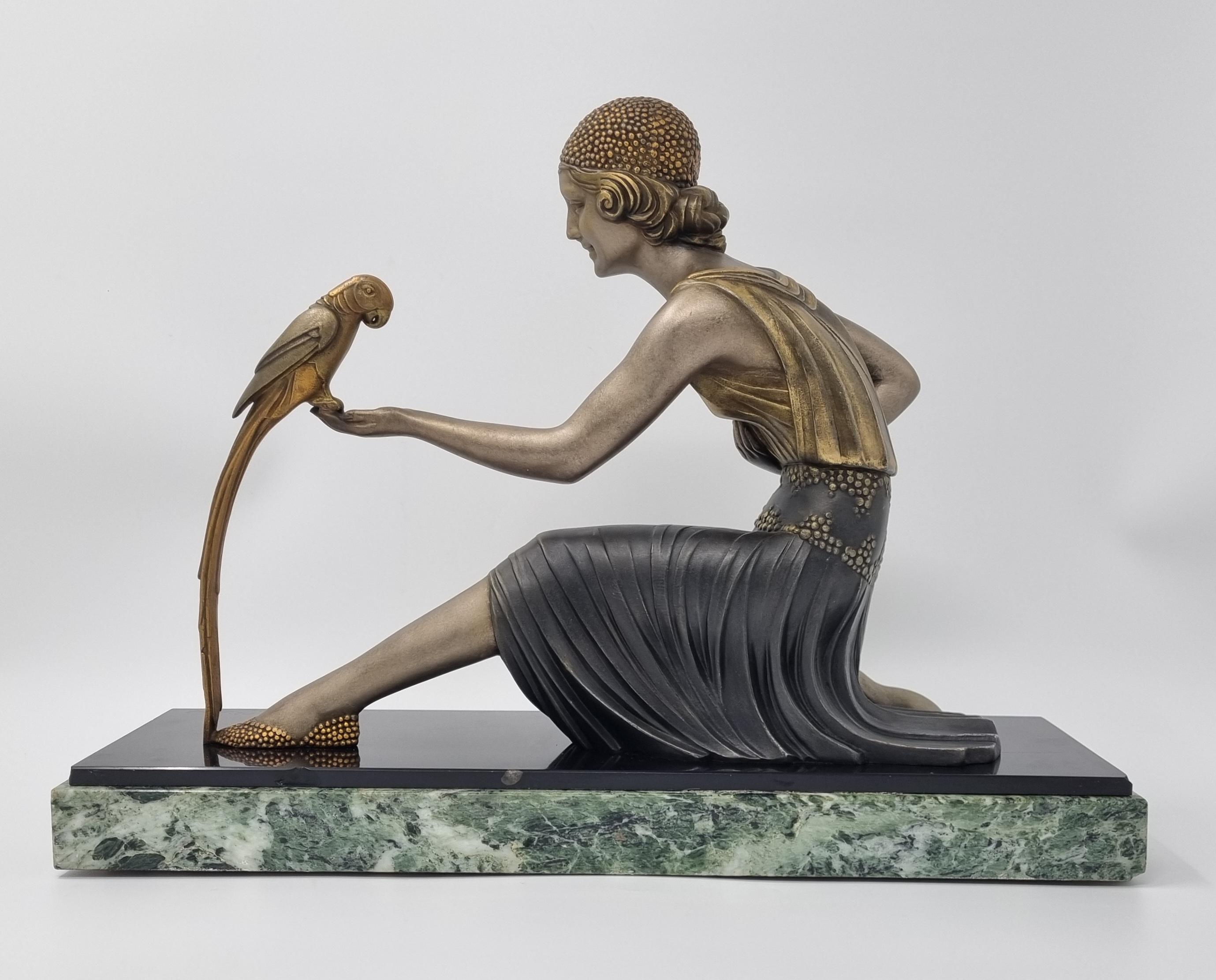 Art Deco Sculpture Young Lady with a Parrot Signed D H Chiparus 1