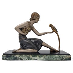 Antique Art Deco Sculpture Young Lady with a Parrot Signed D H Chiparus