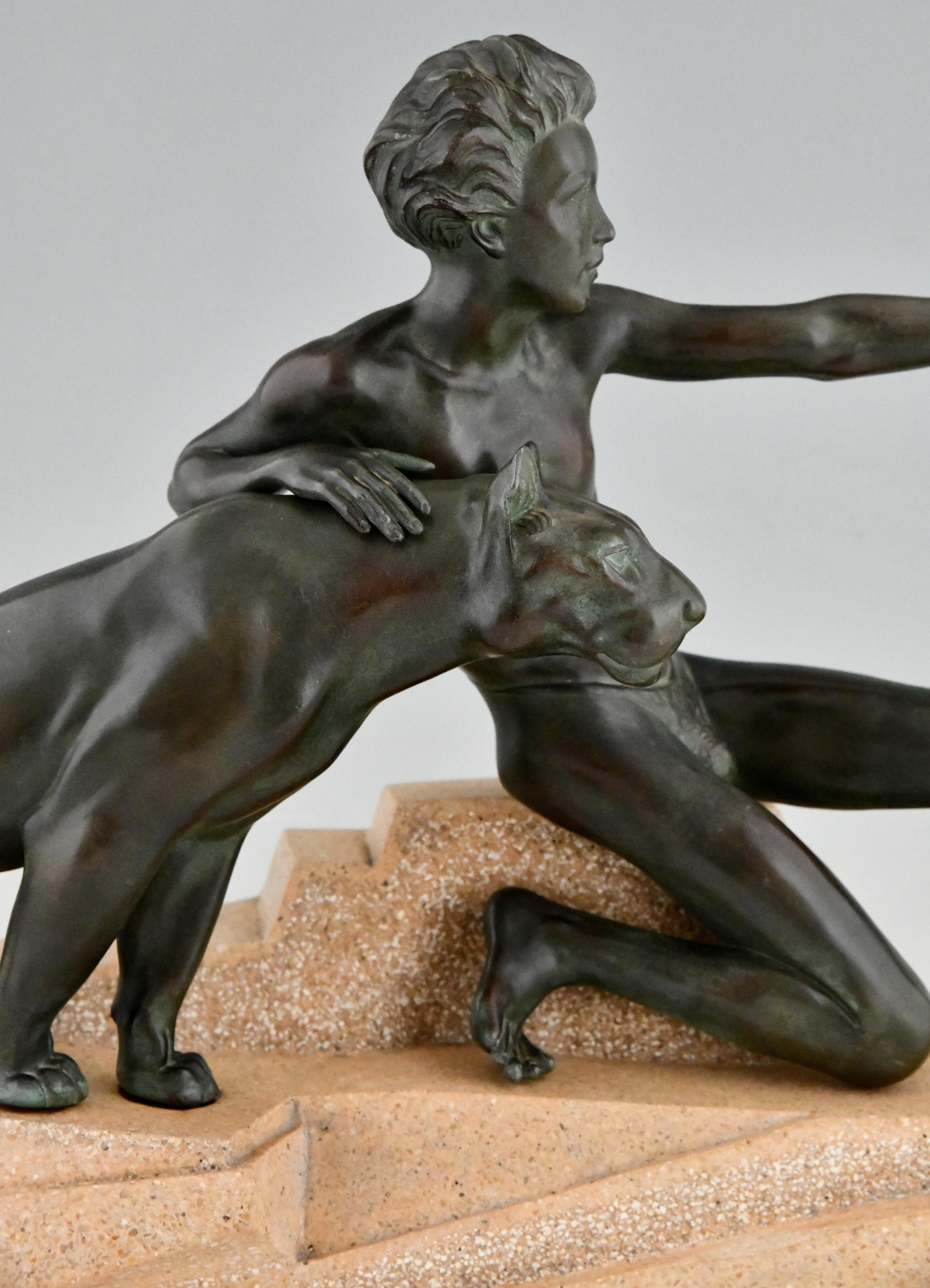 Art Deco Sculpture Young Man with Panther by Max Le Verrier France 1930 4