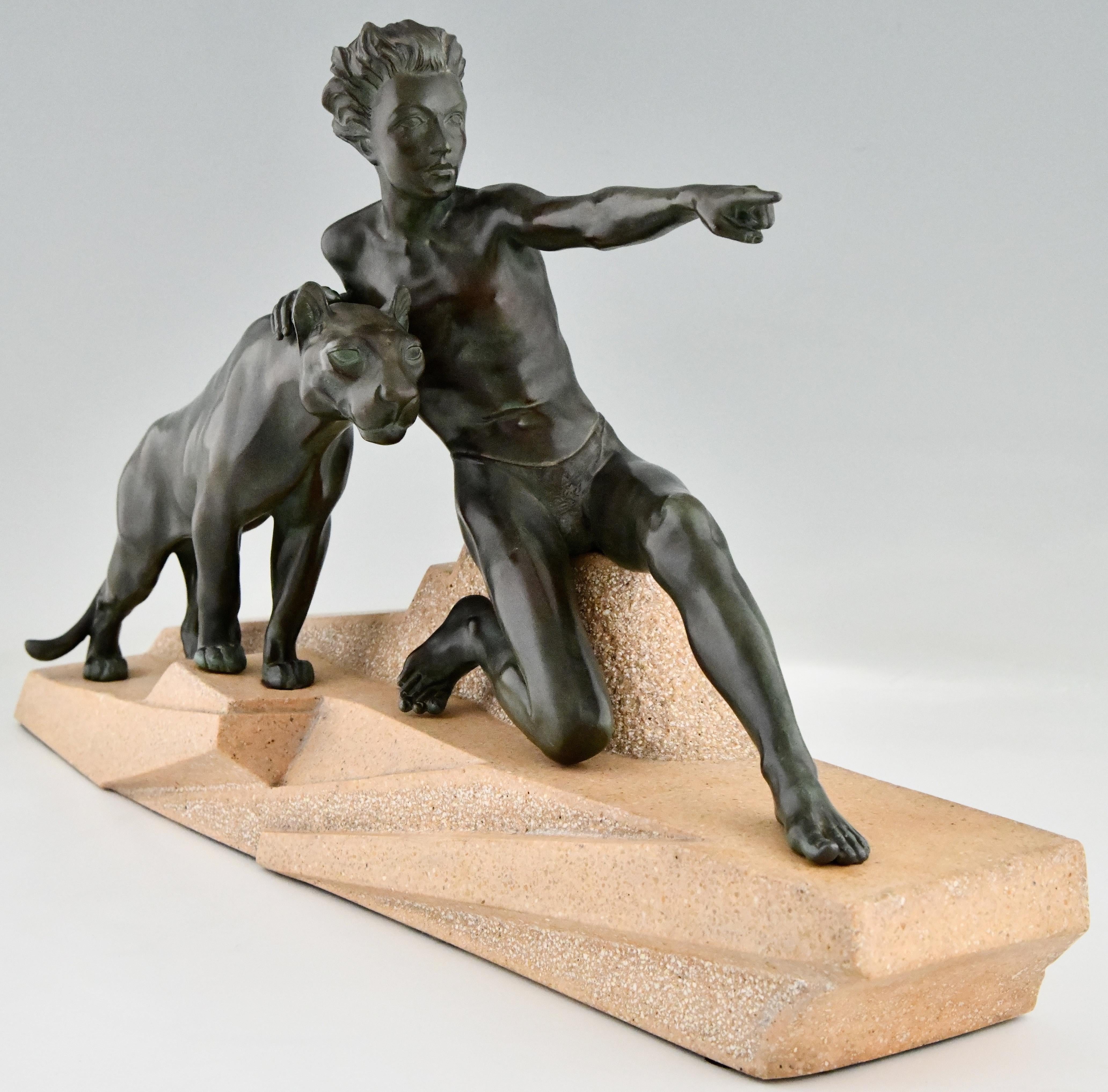 French Art Deco Sculpture Young Man with Panther by Max Le Verrier France 1930