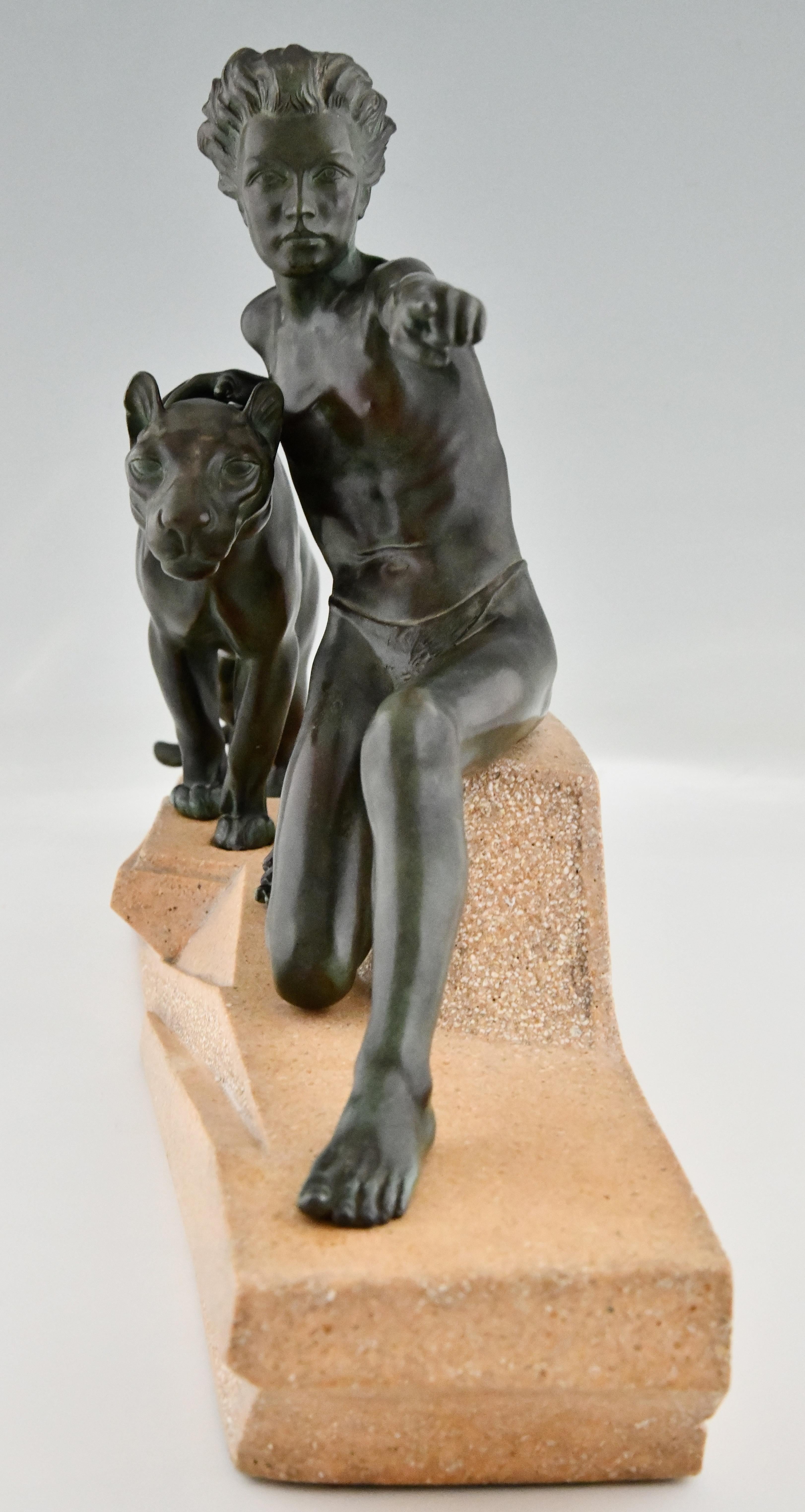 Art Deco Sculpture Young Man with Panther by Max Le Verrier France 1930 In Good Condition In Antwerp, BE