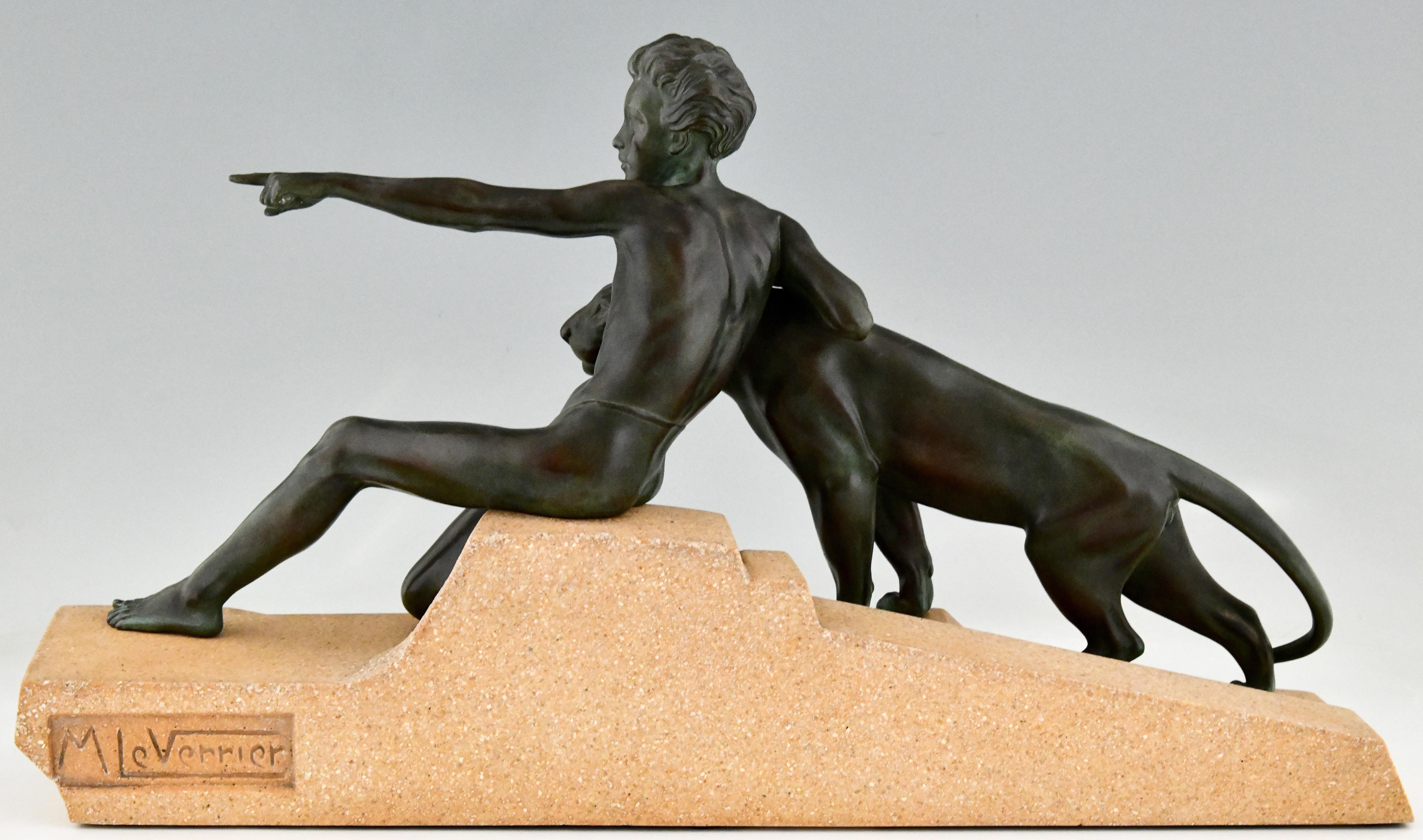 Mid-20th Century Art Deco Sculpture Young Man with Panther by Max Le Verrier France 1930