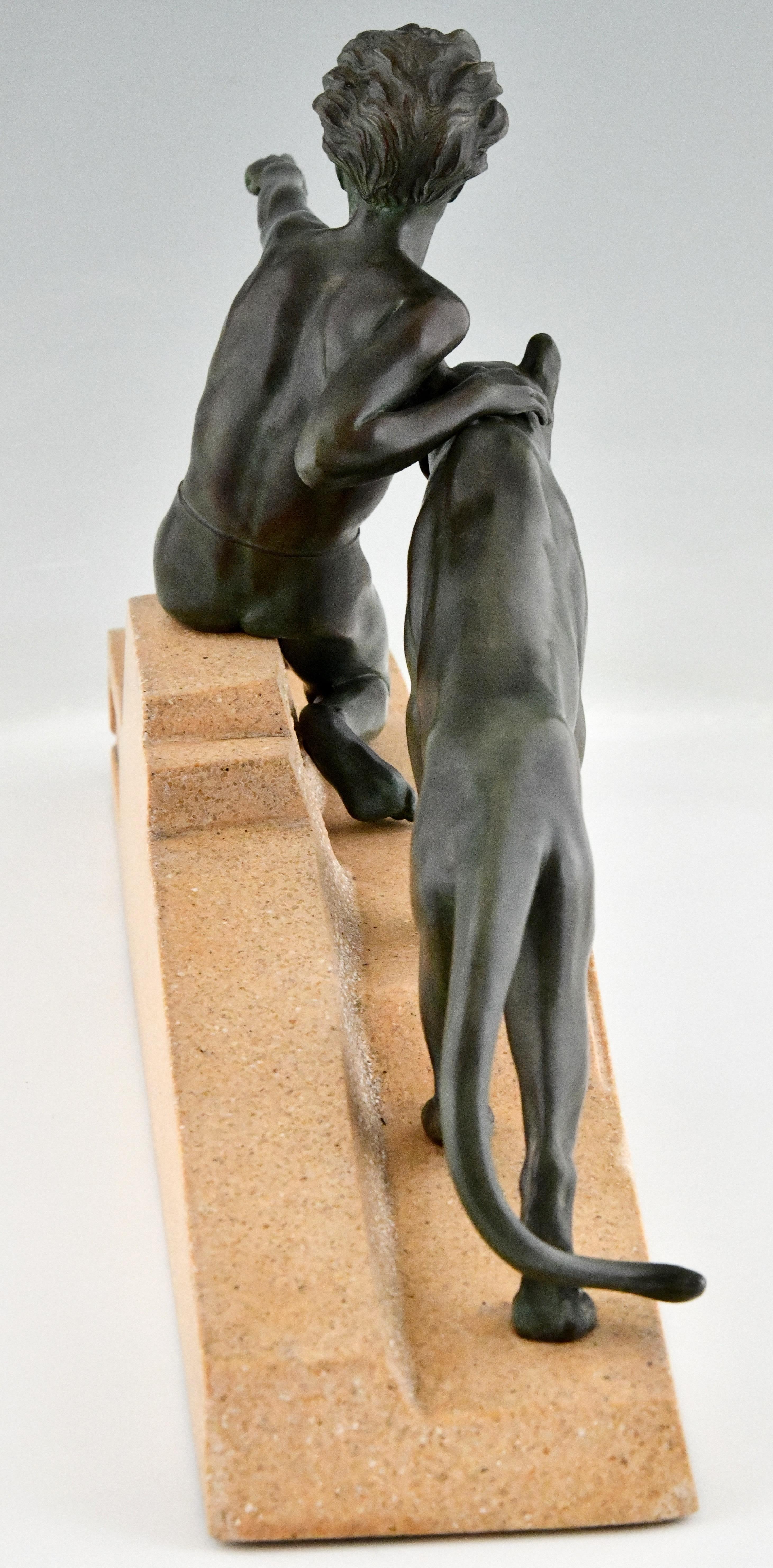 Metal Art Deco Sculpture Young Man with Panther by Max Le Verrier France 1930