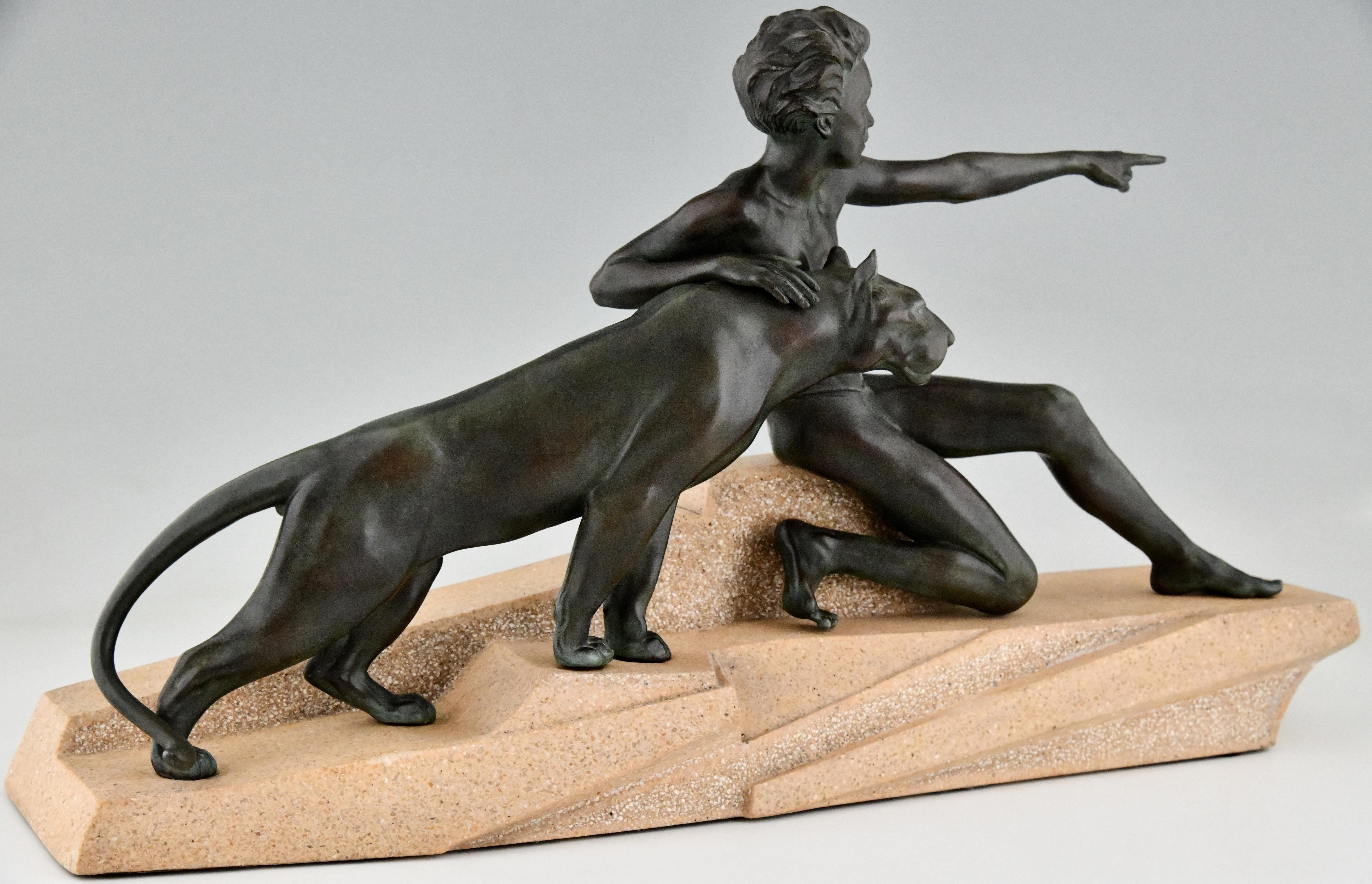 Art Deco Sculpture Young Man with Panther by Max Le Verrier France 1930 1