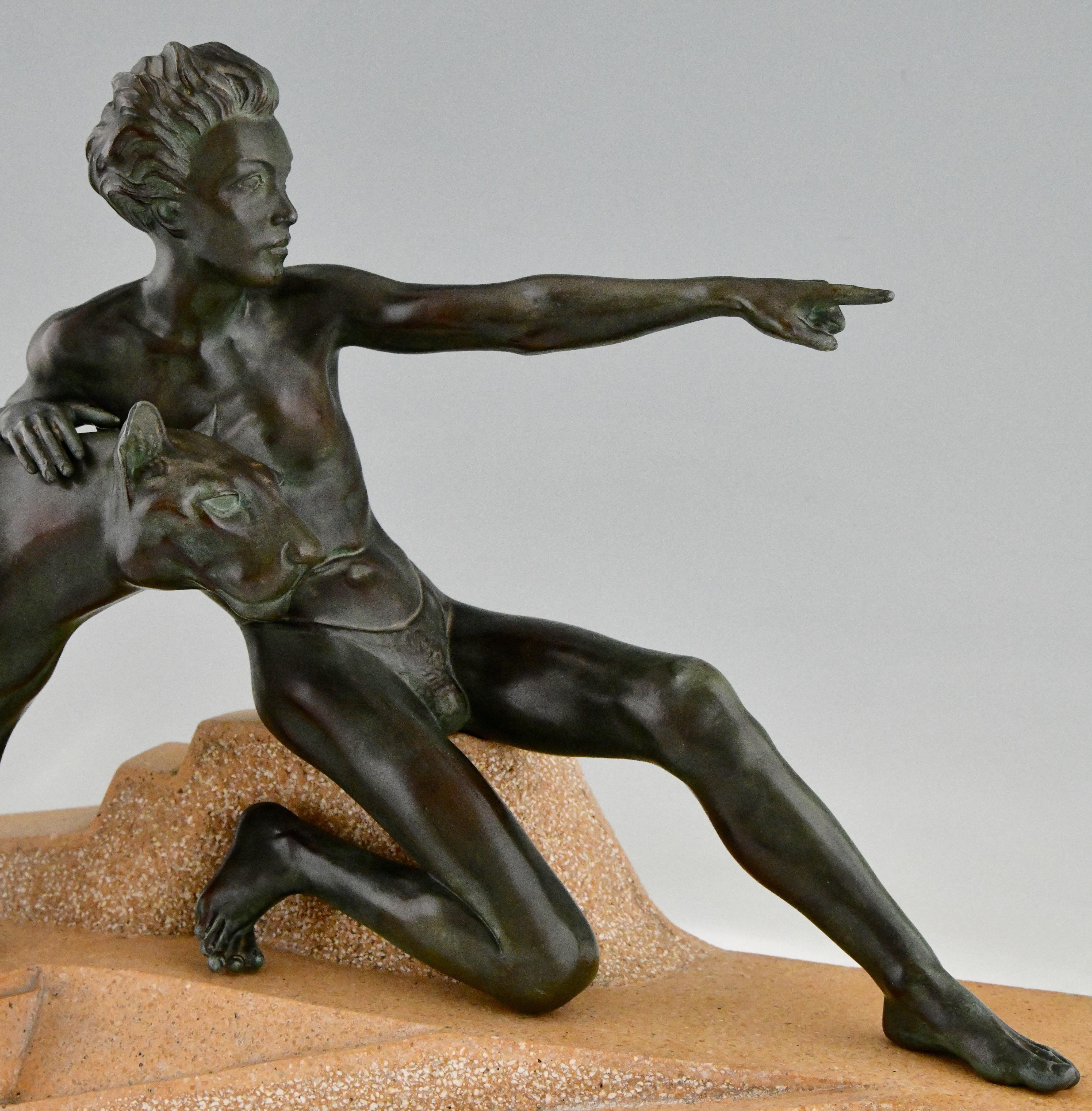 Art Deco Sculpture Young Man with Panther by Max Le Verrier France 1930 2
