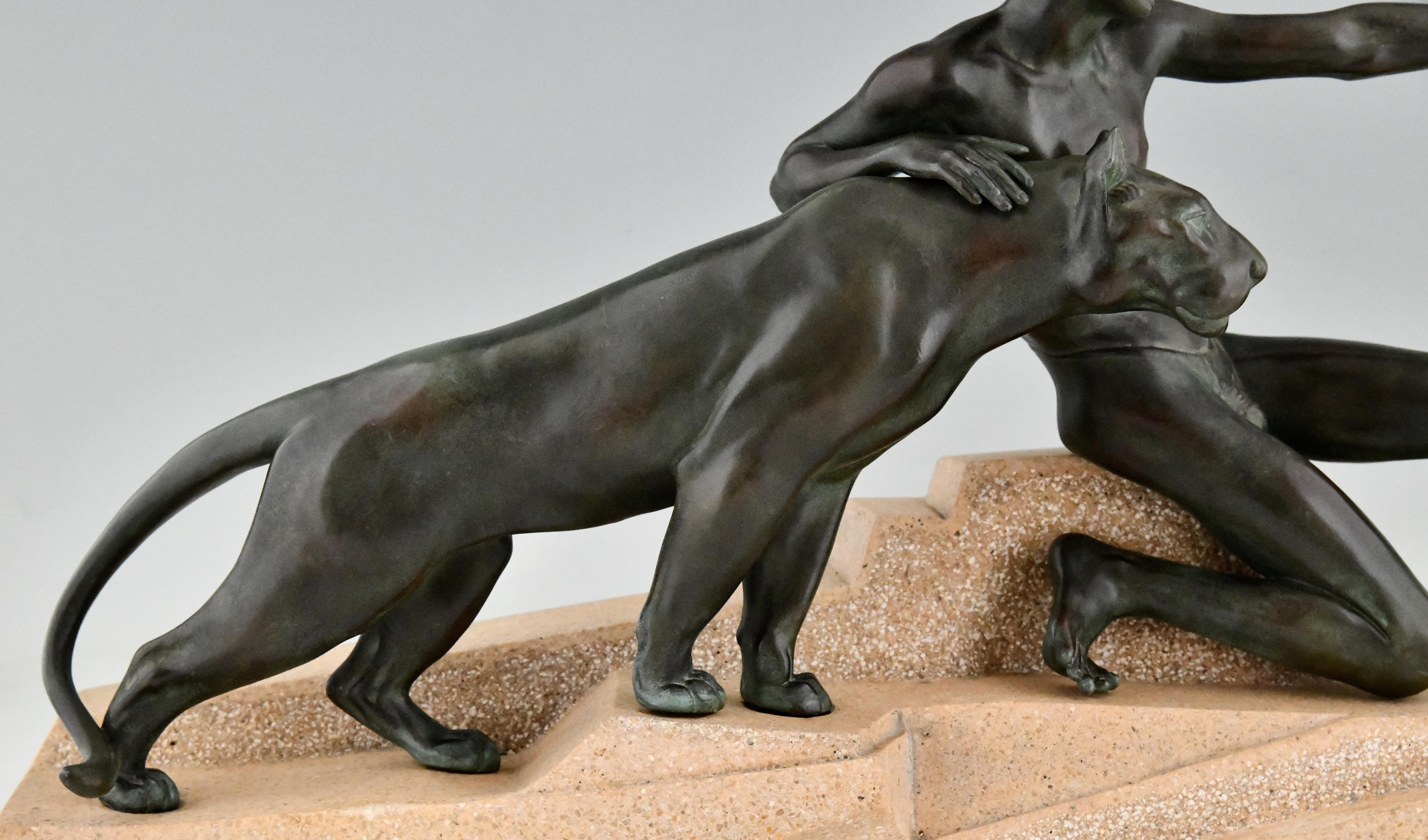 Art Deco Sculpture Young Man with Panther by Max Le Verrier France 1930 3