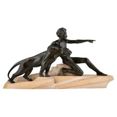 Vintage Art Deco Sculpture Young Man with Panther by Max Le Verrier France 1930