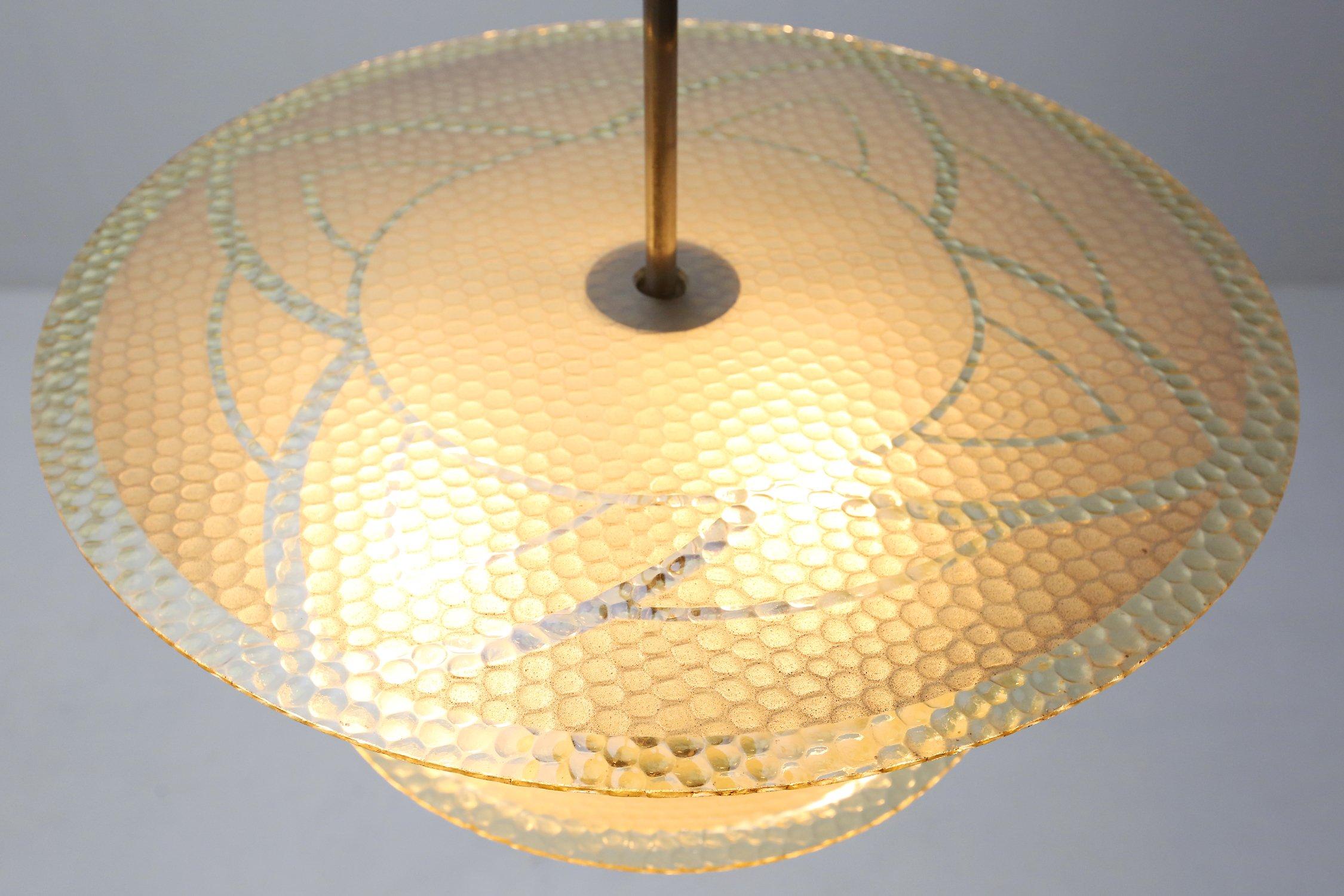 French Art Deco sculptured glass pendant lamp, France 1930s For Sale