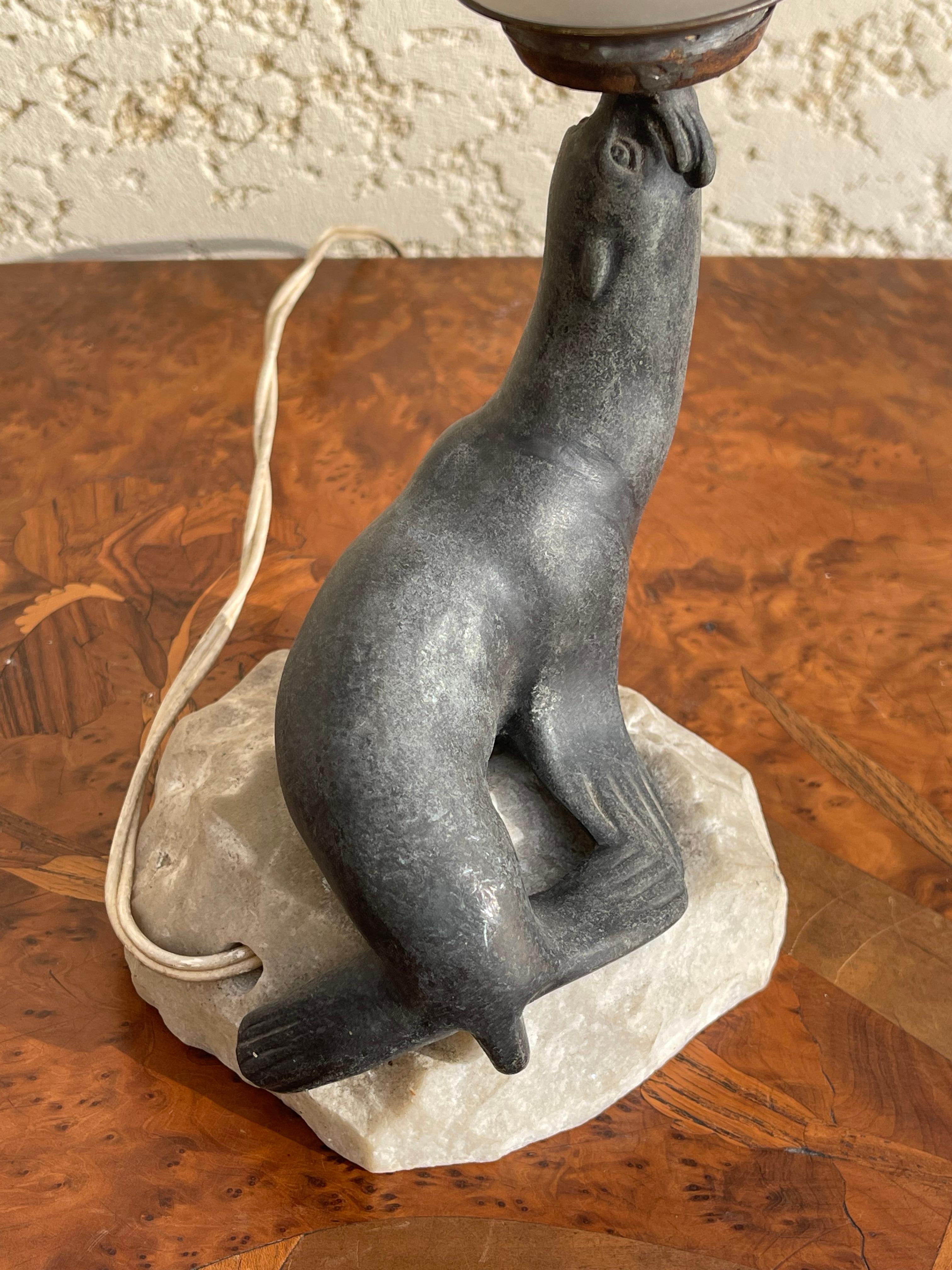 Carrara Marble Art Deco “sea Lion” Lamp  For Sale