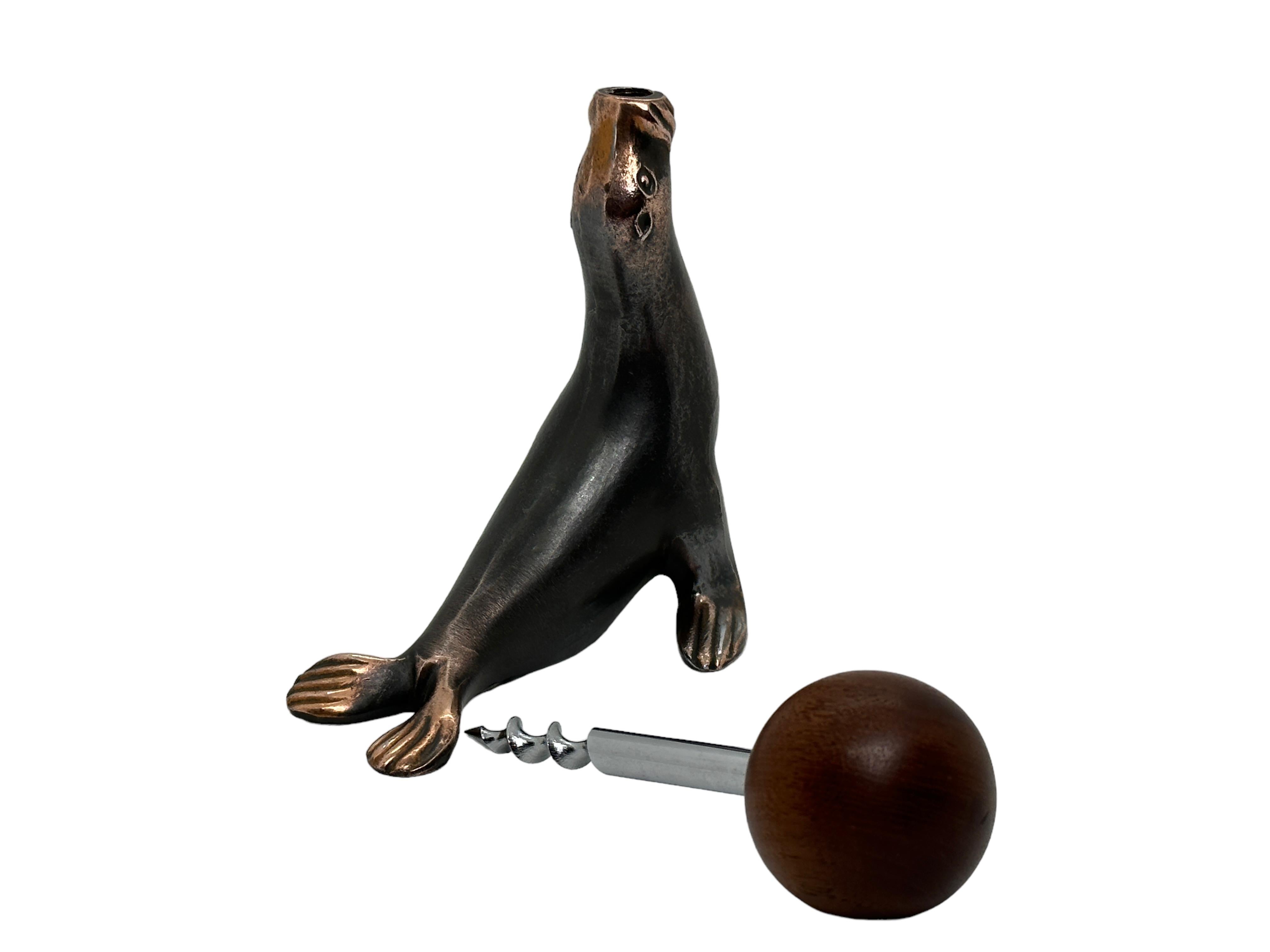 Austrian Art Deco Sea Lion Seal Figural Animal Corkscrew, Metal & Wood, Vienna, Austria For Sale