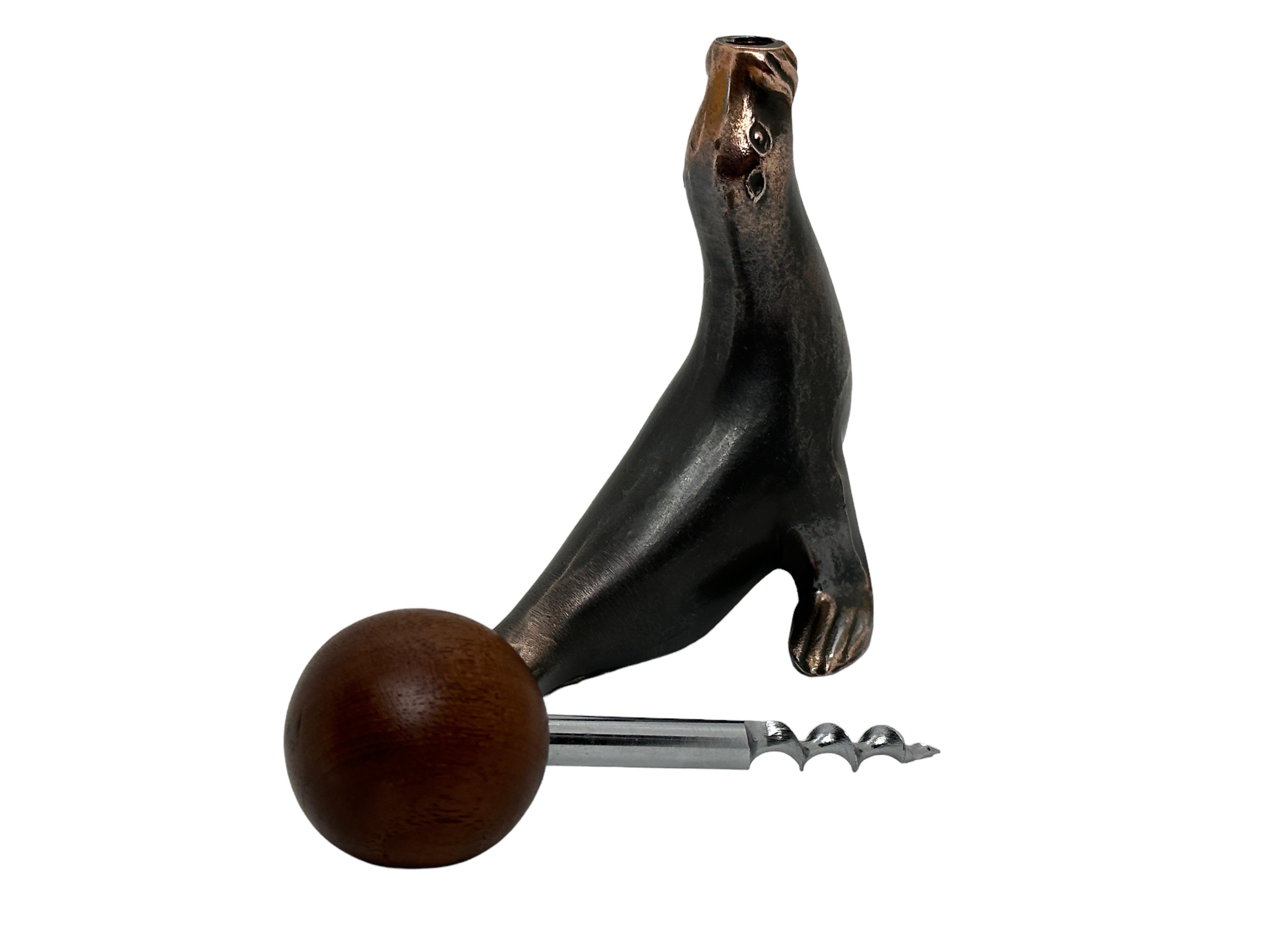 Art Deco Sea Lion Seal Figural Animal Corkscrew, Metal & Wood, Vienna, Austria In Good Condition For Sale In Nuernberg, DE