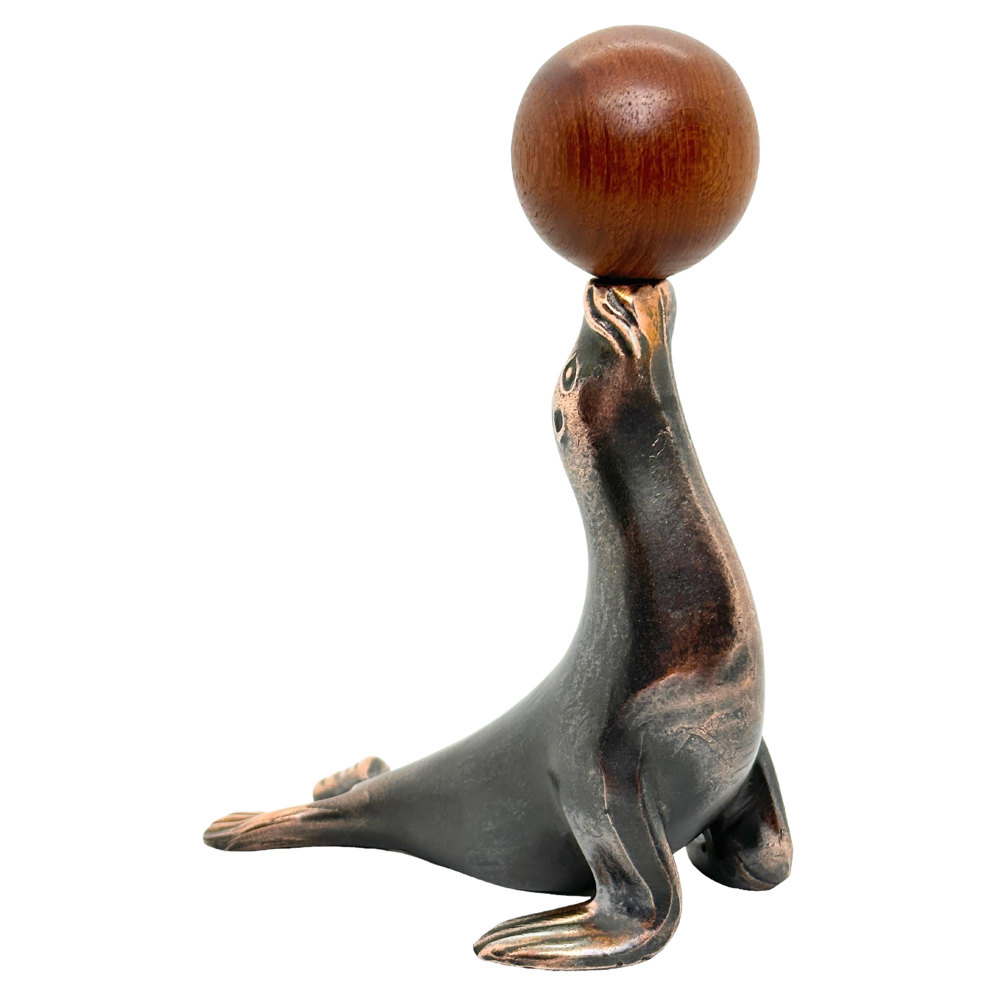 Art Deco Sea Lion Seal Figural Animal Corkscrew, Metal & Wood, Vienna, Austria