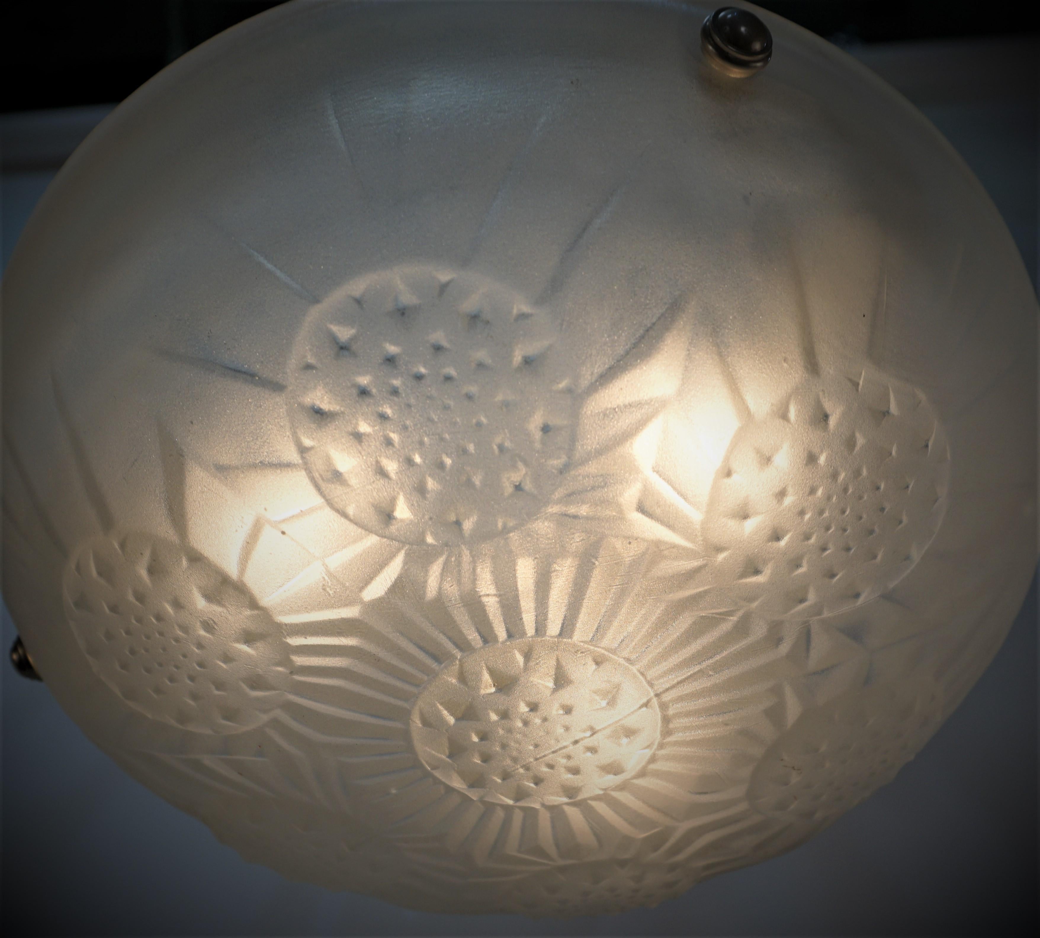 French Art Deco Sea Urchin Design Glass Chandelier by Noverdy For Sale