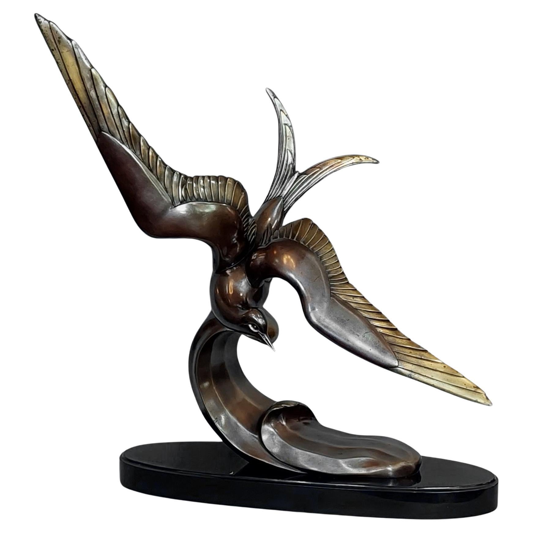 Art Deco "Seagull flying over a wave" in bronze and marble by Irénée Rochard For Sale