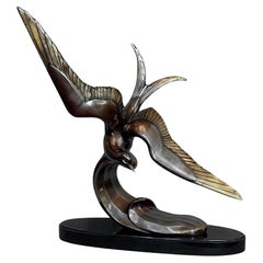 Art Deco "Seagull flying over a wave" in bronze and marble by Irénée Rochard