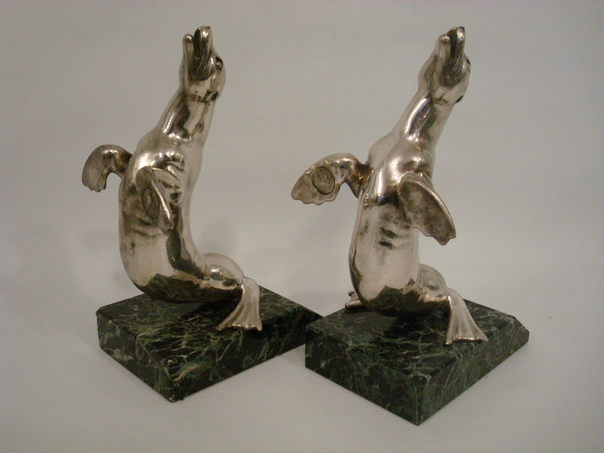 Silvered Art Deco Seal Bookends Louis Albert Carvin France 1930 For Sale