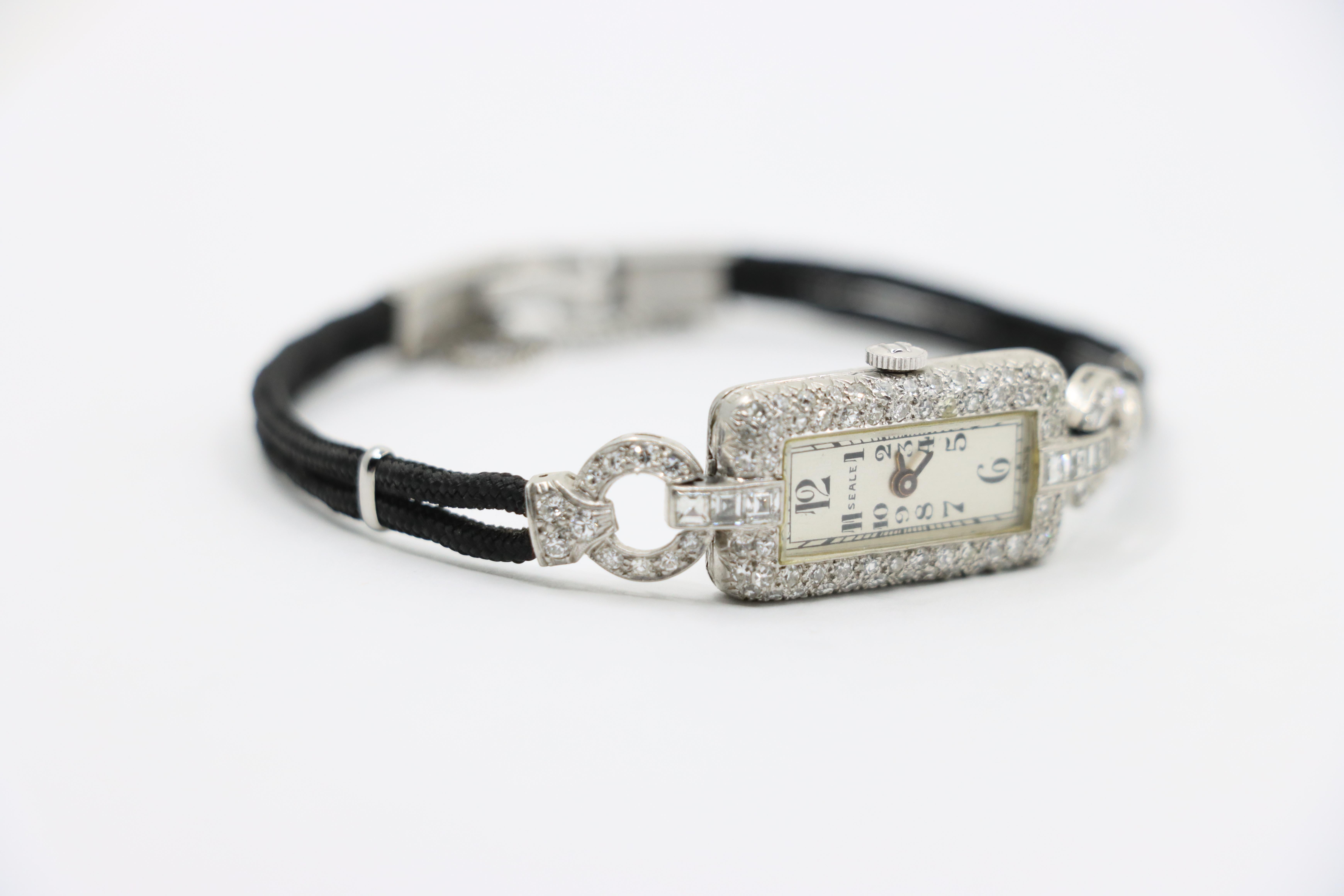 Art Deco Seale Platinum Diamond Watch Bracelet For Sale 5