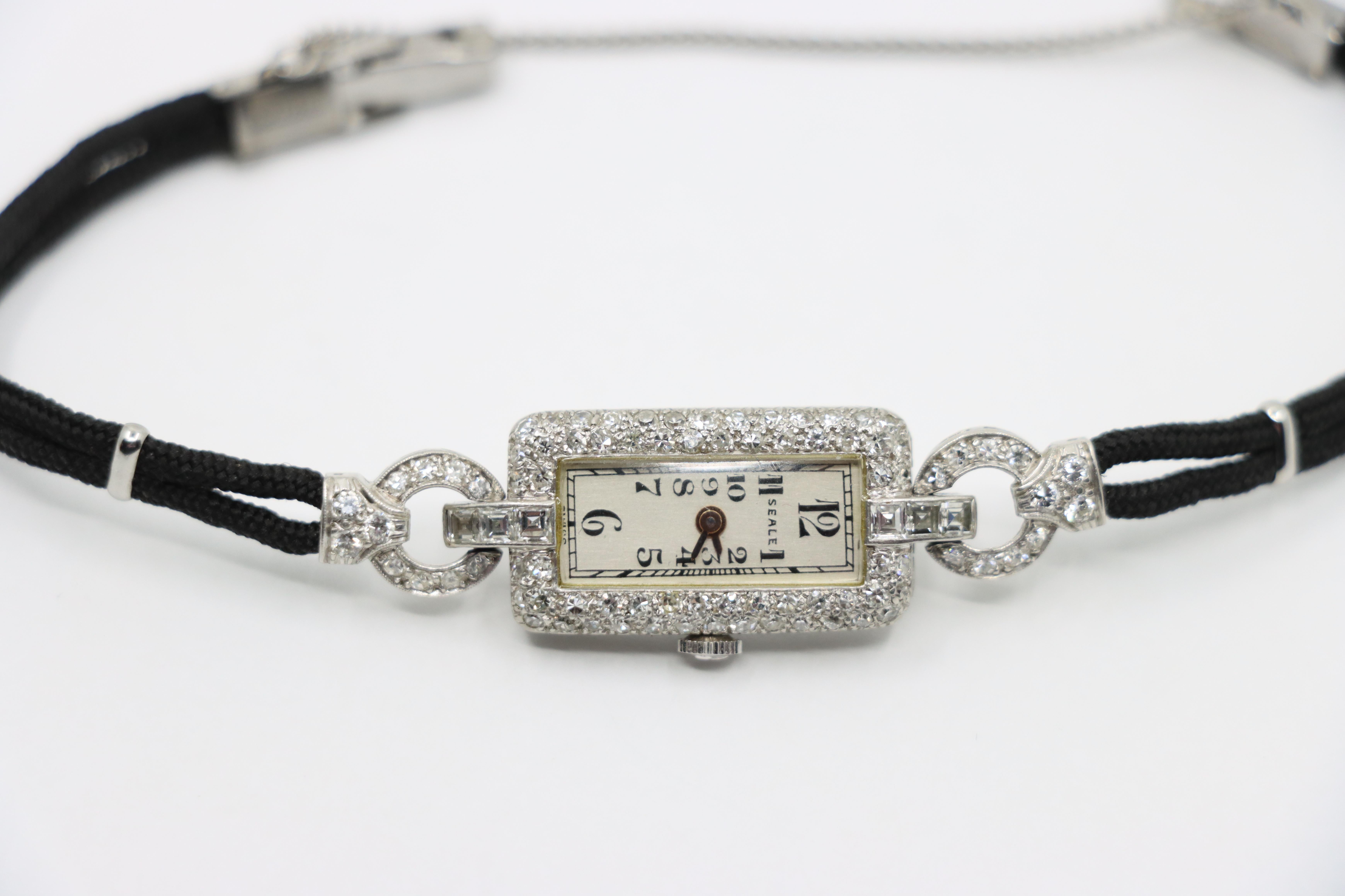 Art Deco Seale Platinum Diamond Watch Bracelet In Good Condition For Sale In Flushing, NY