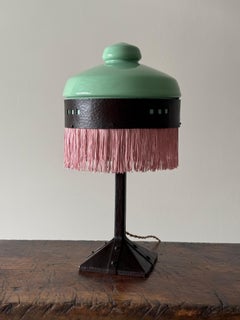 Art Deco Secessionist Wrought Iron, Glass and Pink Fringe Lamp