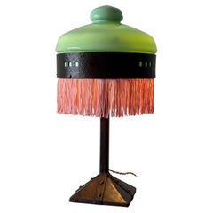 Art Deco Secessionist Wrought Iron, Glass and Pink Fringe Lamp