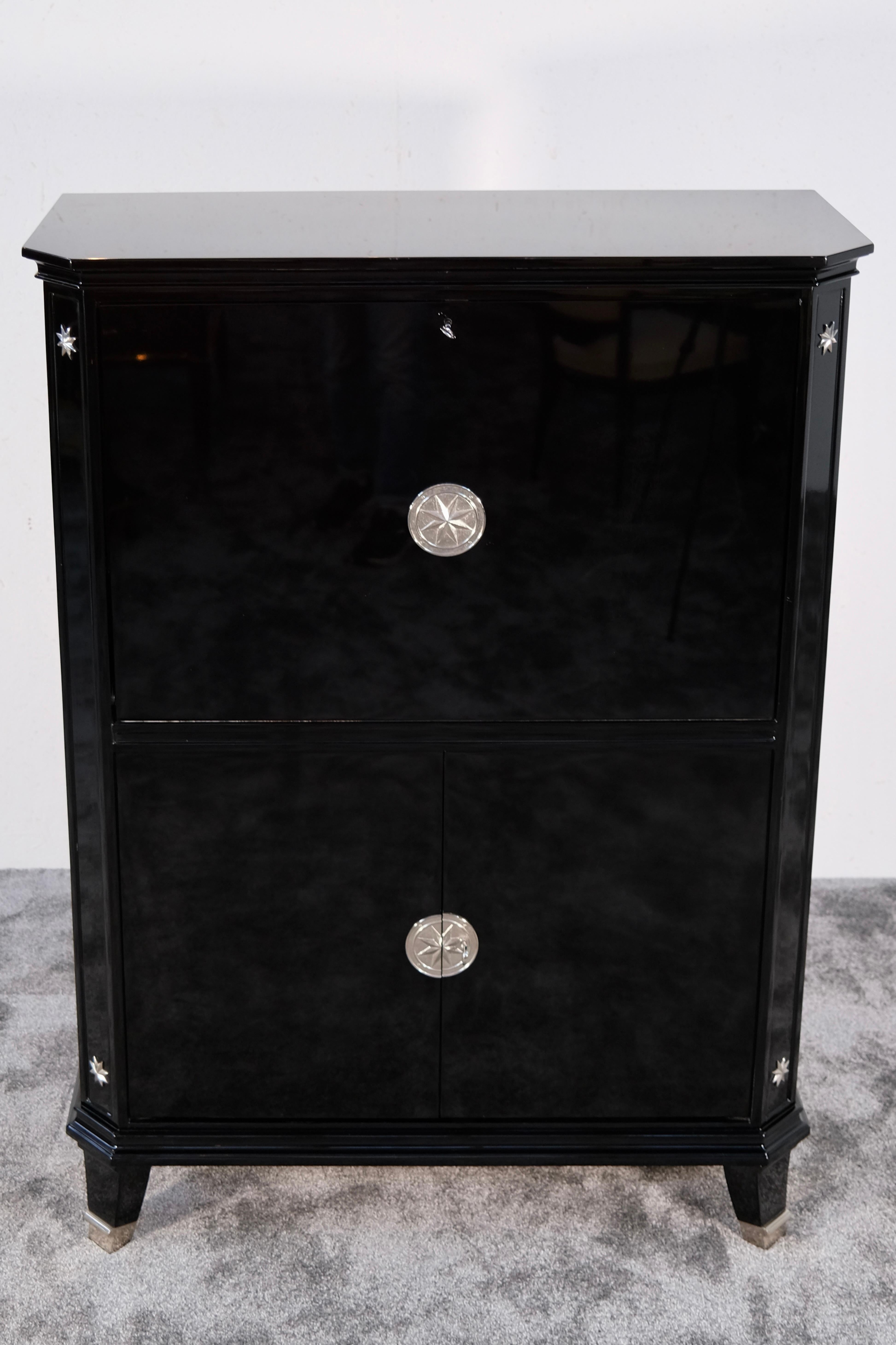 French Art Deco Secretary Cabinet in Black Lacquer with Mirrored Interior, France 1930s For Sale