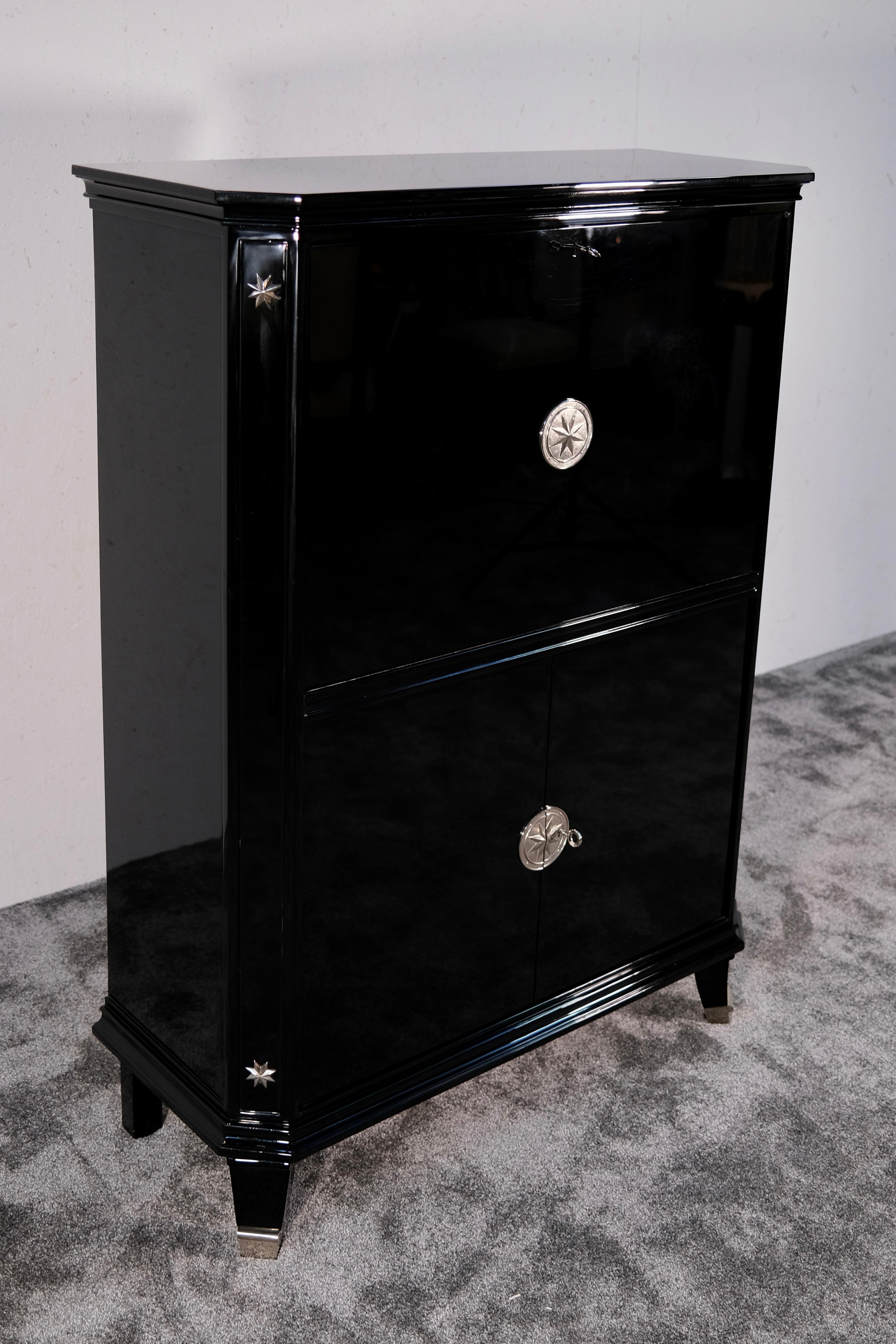 Blackened Art Deco Secretary Cabinet in Black Lacquer with Mirrored Interior, France 1930s For Sale