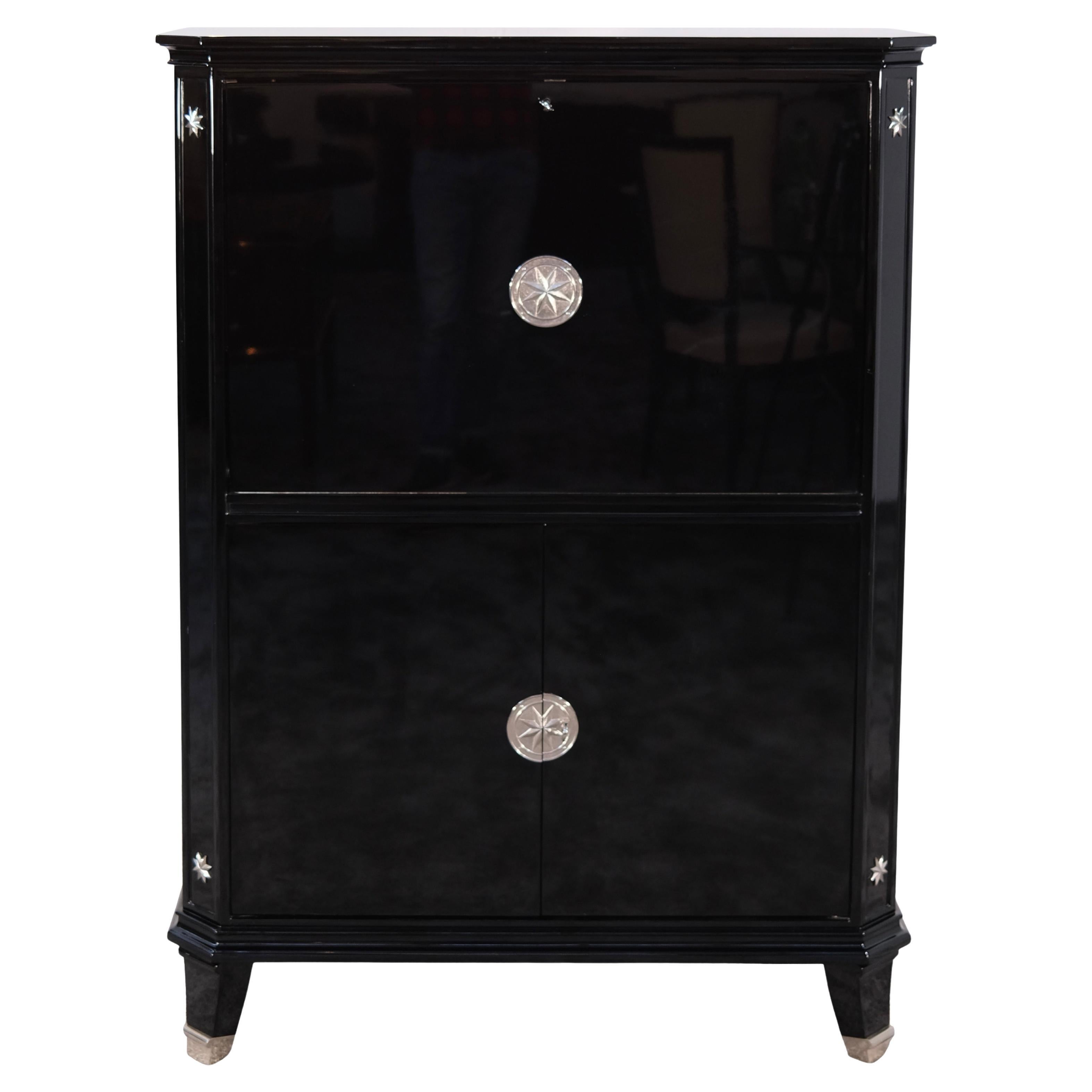 Secrétaire Art déco en laque noire avec intérieur en miroir, France, années 1930
