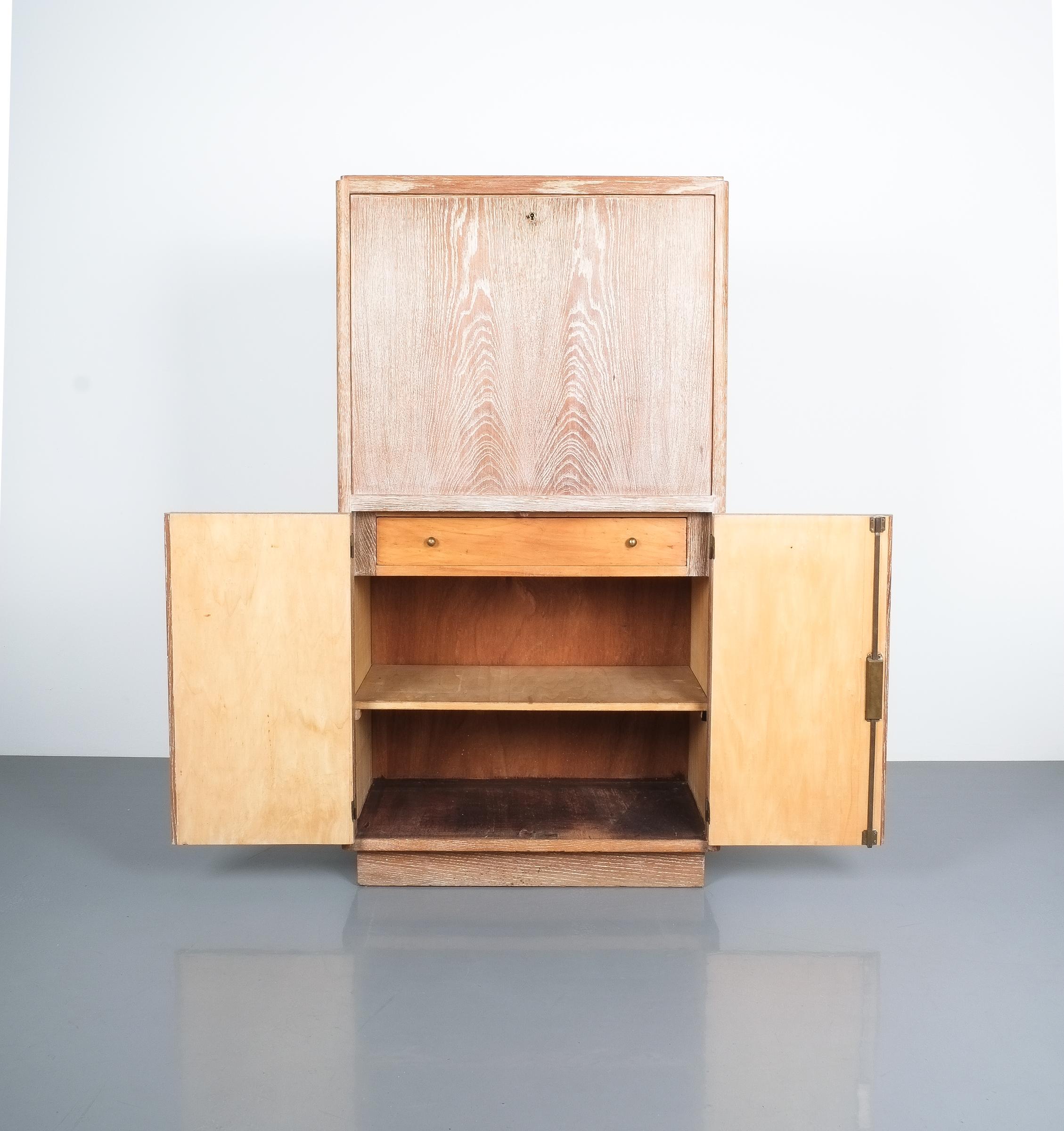 Art Deco Secretary Desk Cabinet Cerused Oak, circa 1930 4