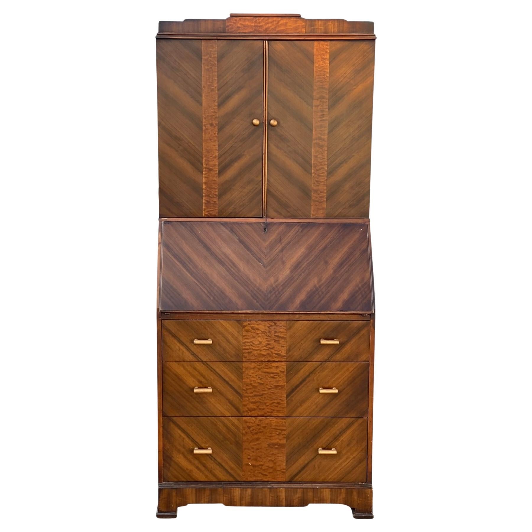 Art Deco Secretary Desk with Drop-Front Writing Surface and Chevron Veneer, 1930 For Sale