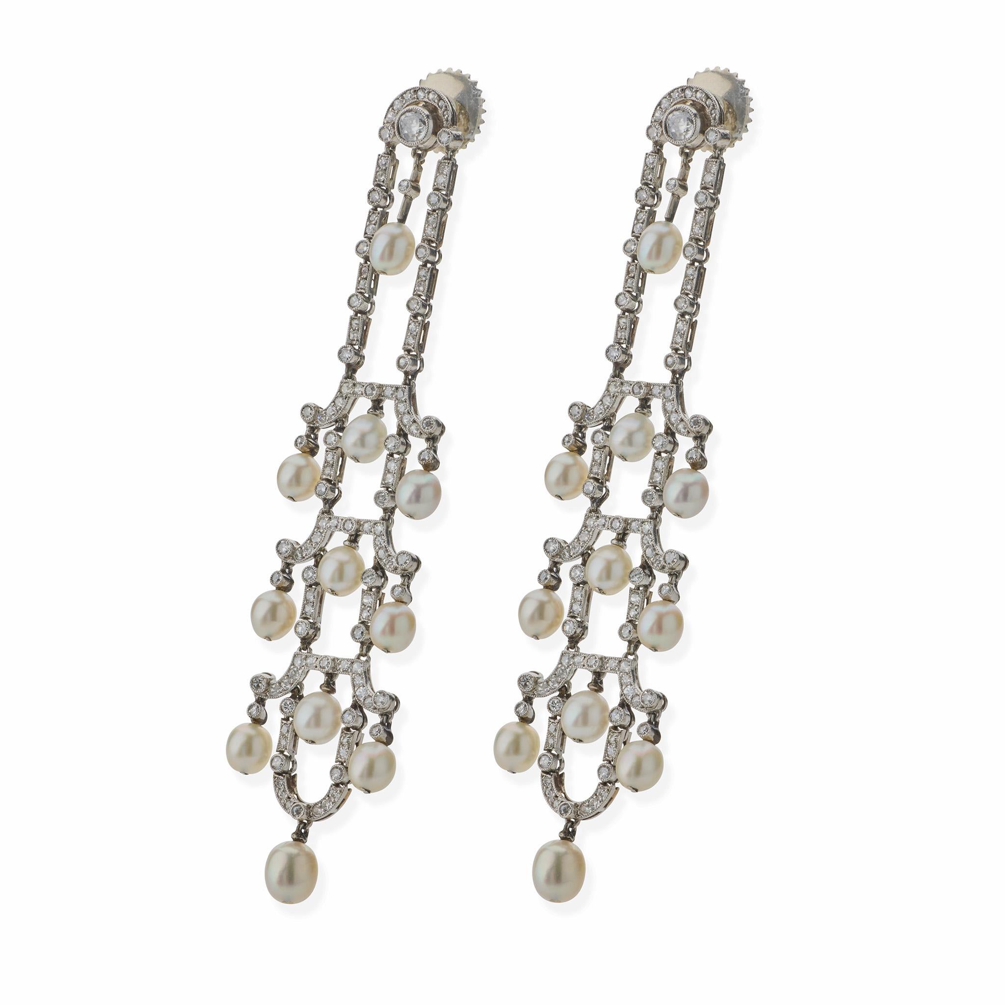 da uomo o donna Orecchini a lampadario con perle e diamanti in stile Art Deco in vendita
