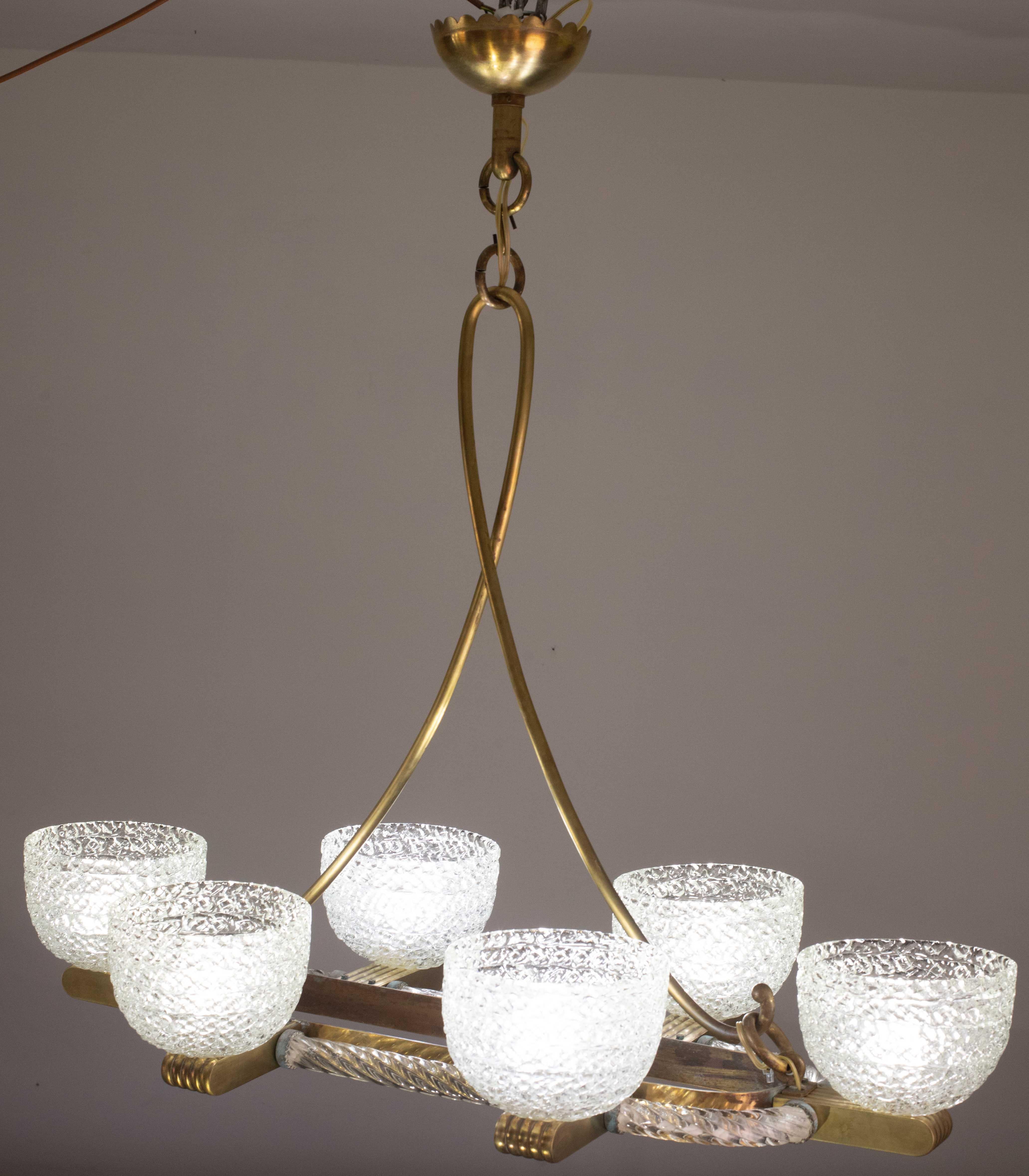 Art Decò Seguso Oval Mid-Century Lampadario a sei luci in vetro di Murano e ottone in vendita 4