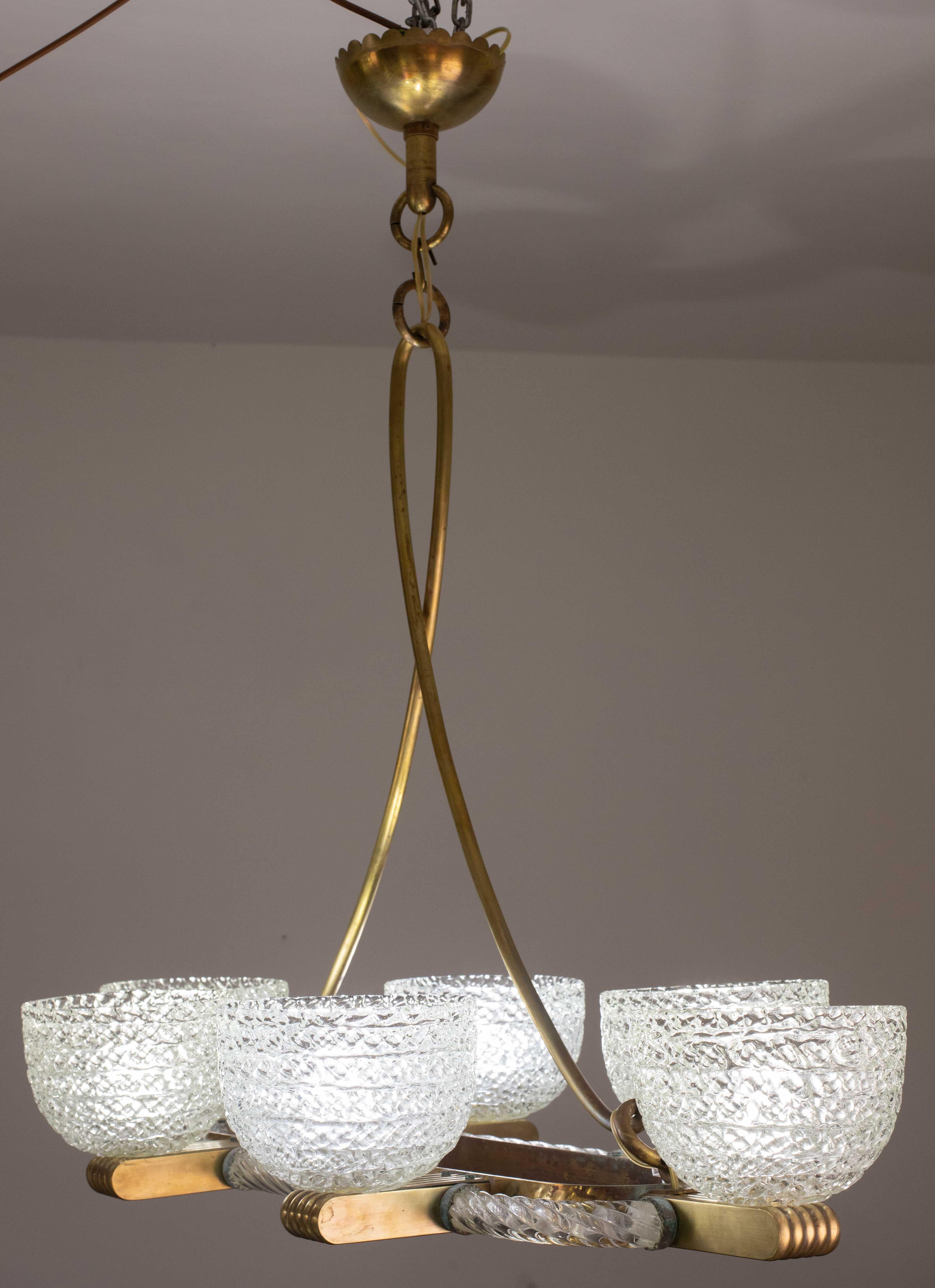 Art Decò Seguso Oval Mid-Century Lampadario a sei luci in vetro di Murano e ottone in vendita 6