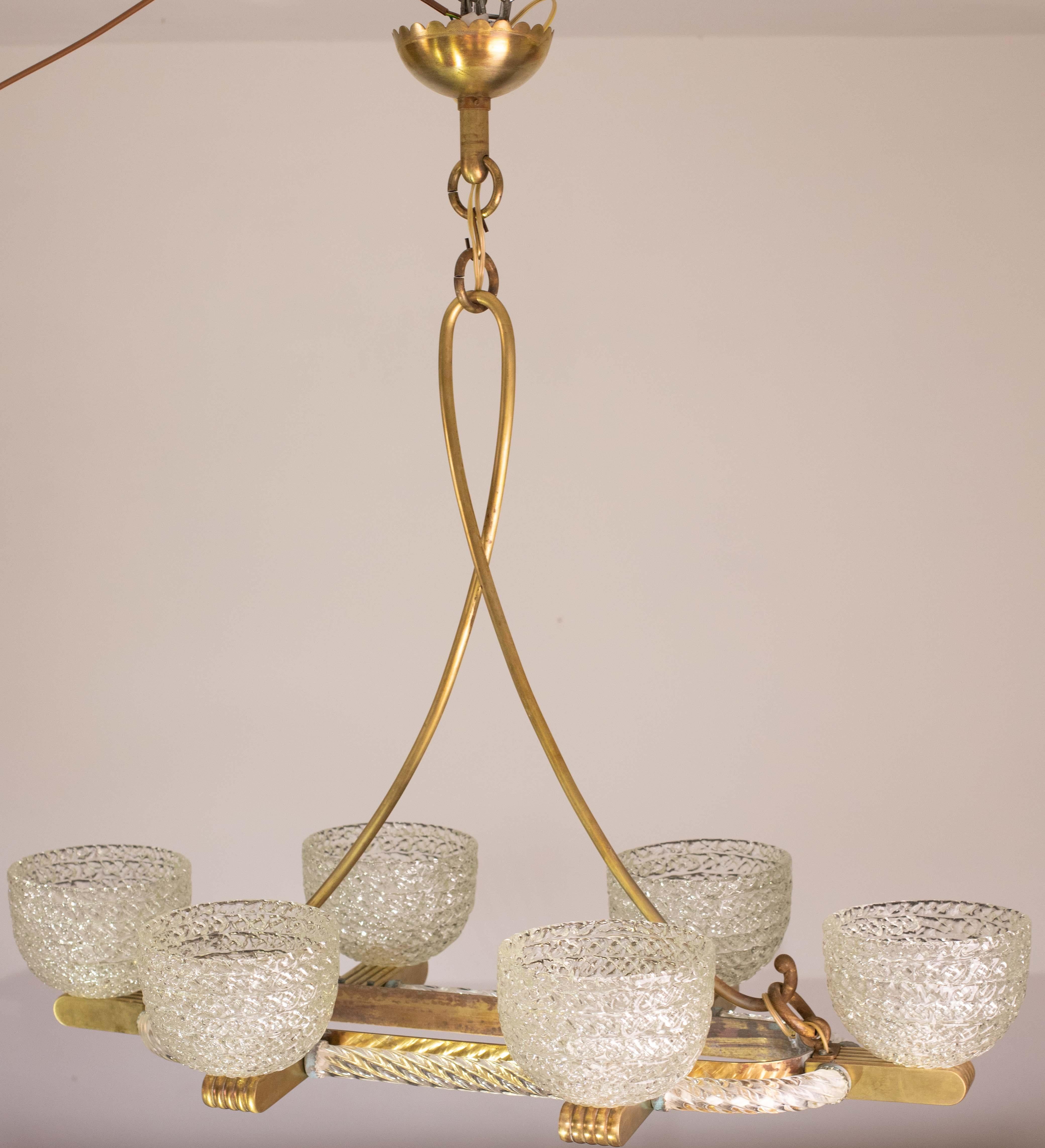 Art Decò Seguso Oval Mid-Century Lampadario a sei luci in vetro di Murano e ottone in vendita 7