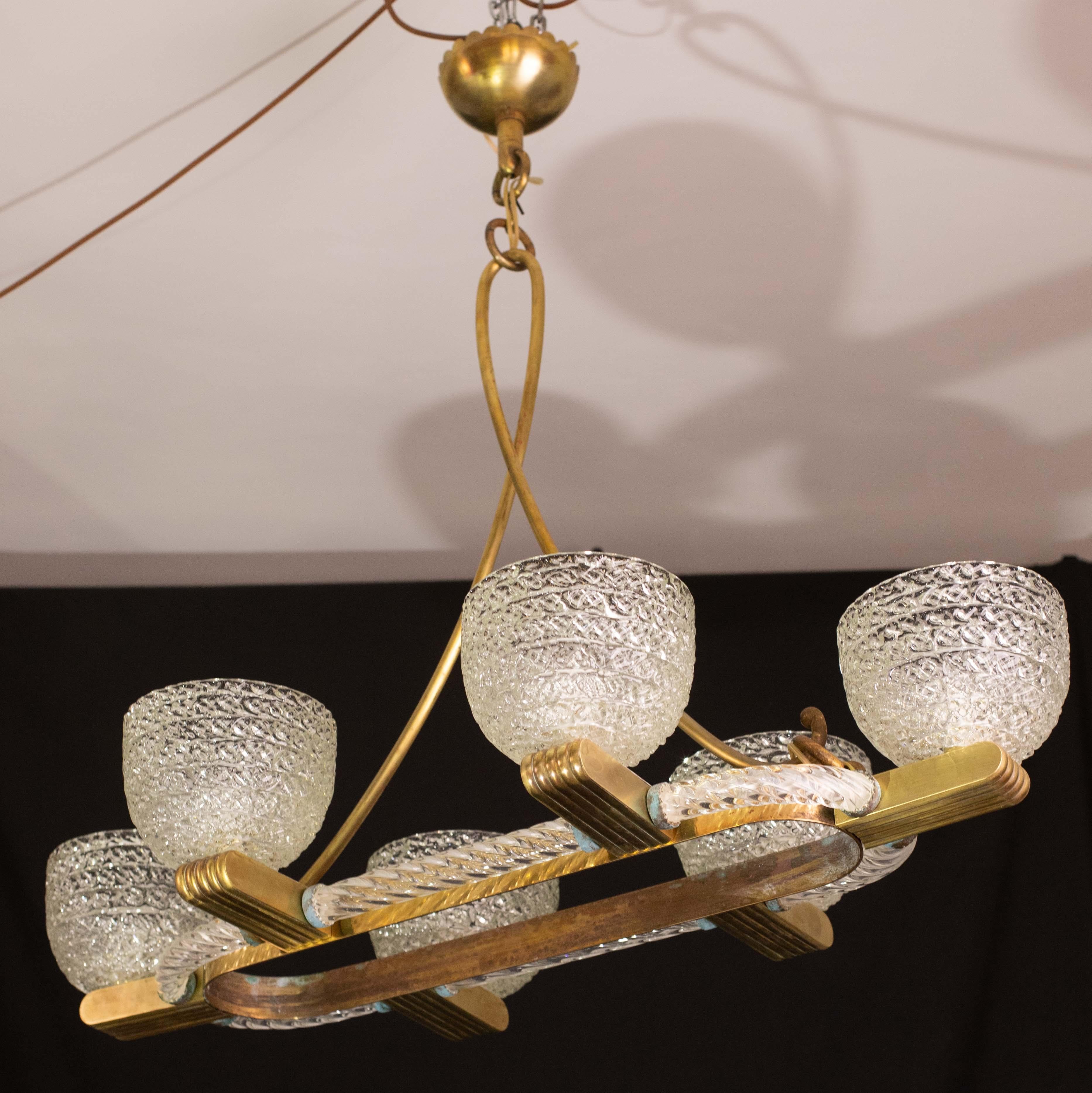 Art Decò Seguso Oval Mid-Century Lampadario a sei luci in vetro di Murano e ottone in vendita 8