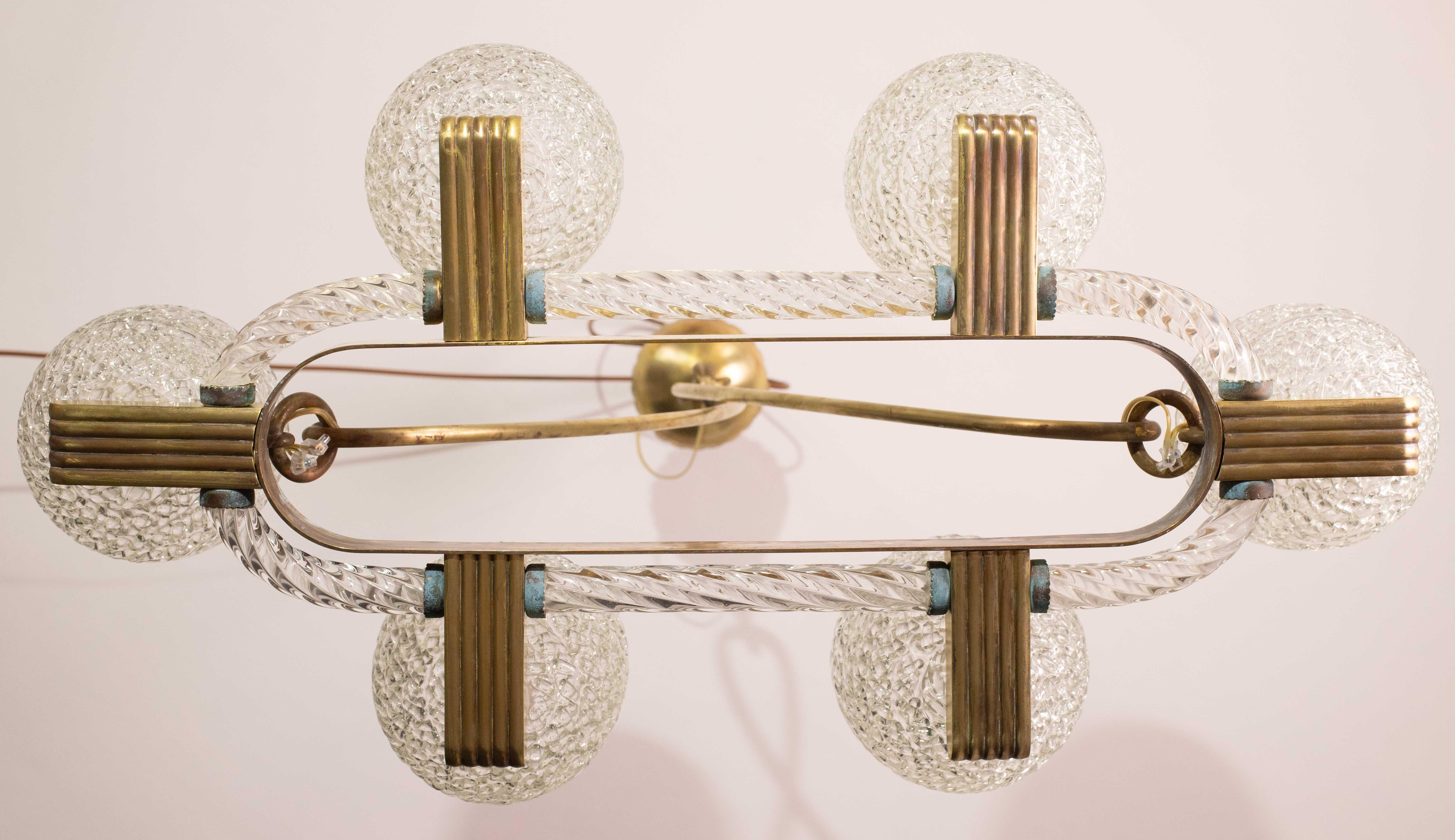 Metà XX secolo Art Decò Seguso Oval Mid-Century Lampadario a sei luci in vetro di Murano e ottone in vendita