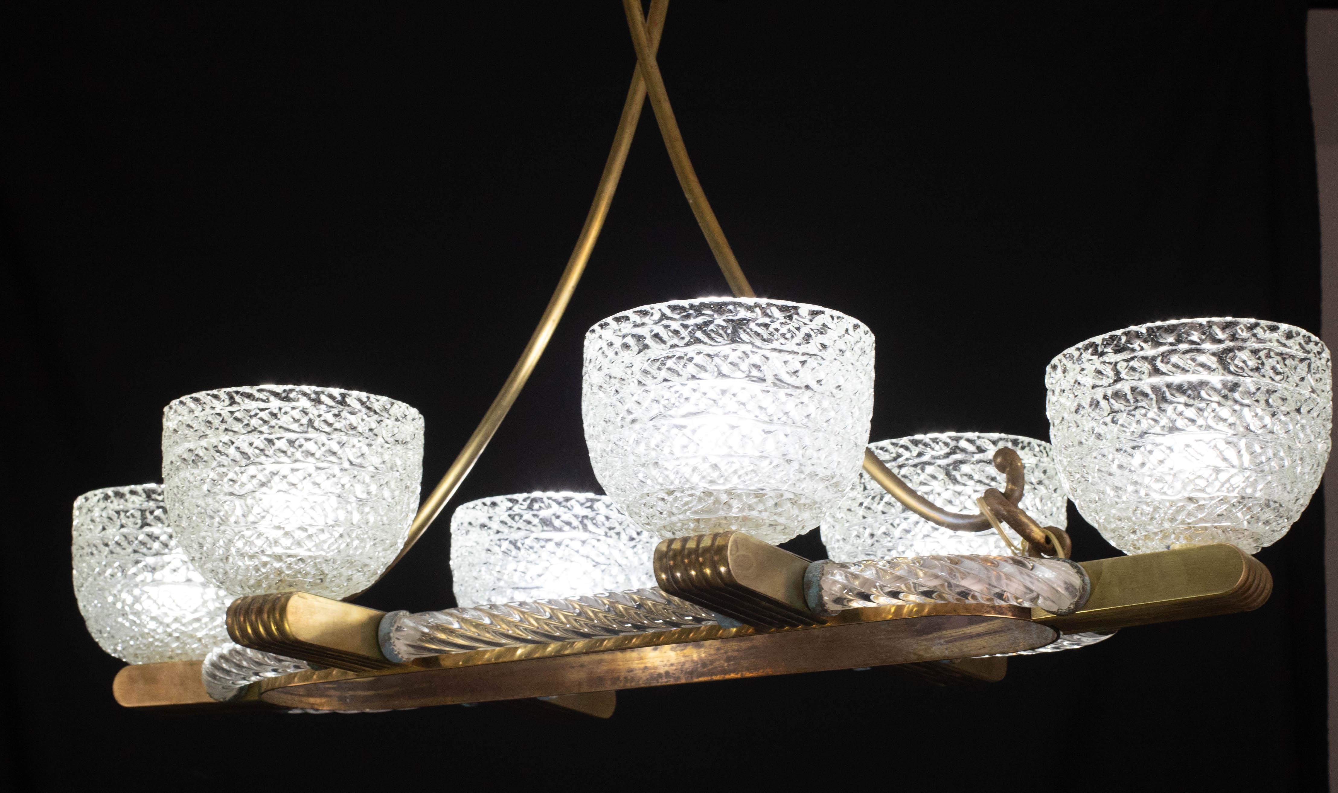 Art Decò Seguso Oval Mid-Century Lampadario a sei luci in vetro di Murano e ottone in vendita 1