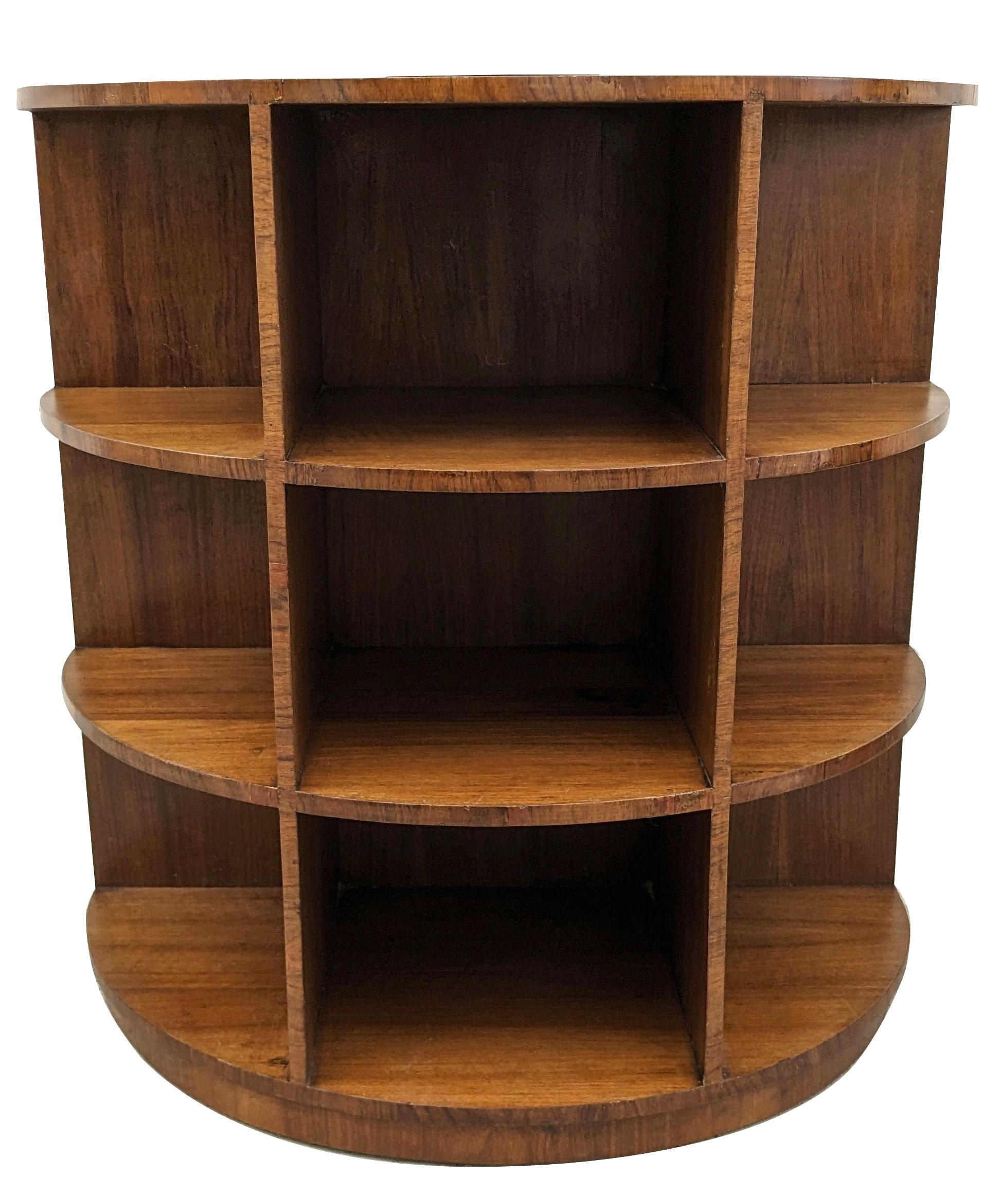 Art Deco Semi Circle Three Tier Walnut Bookcase, English, c1930 In Good Condition In Devon, England