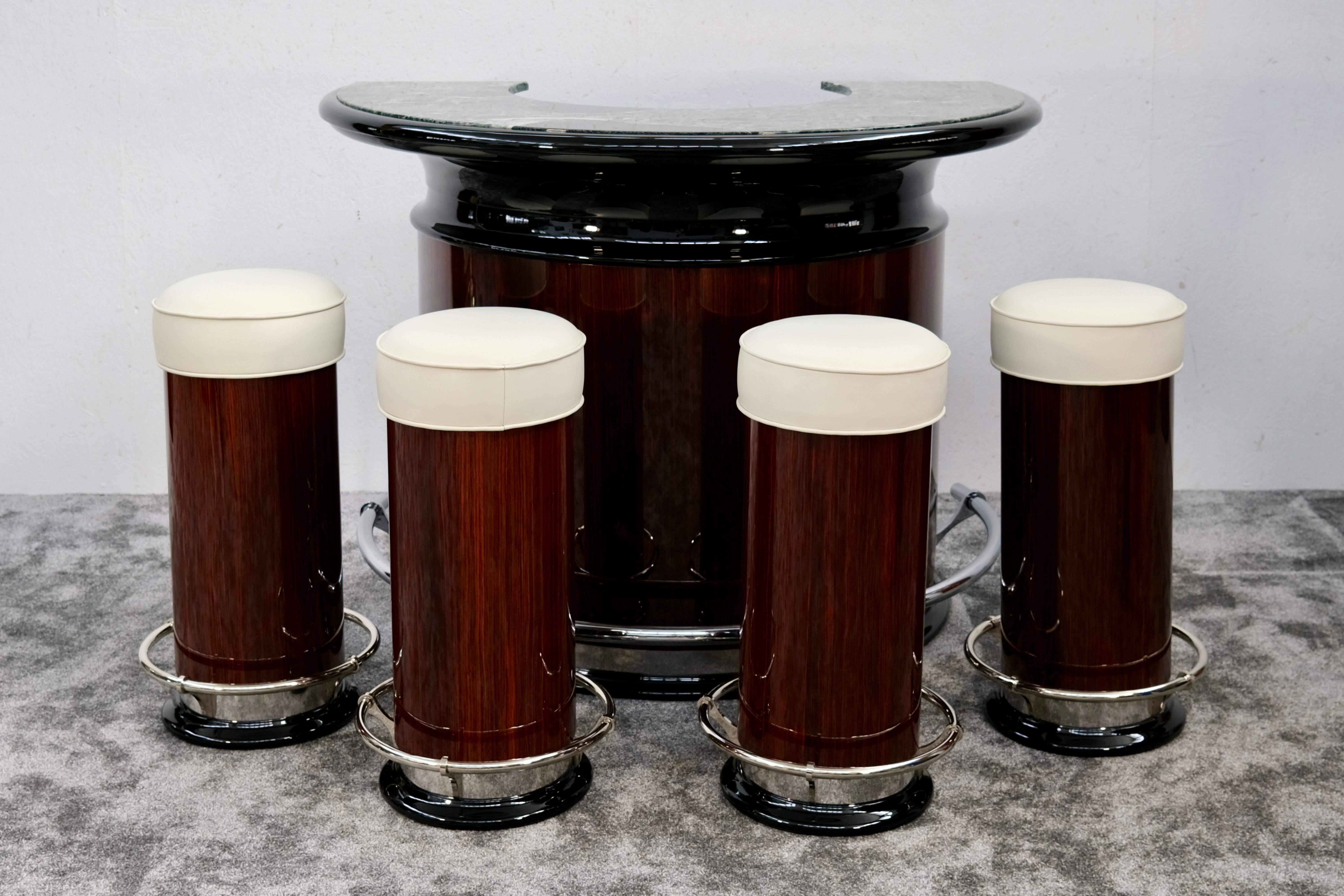 Bar semi-circulaire avec placage de bois de tourbière et plateau en marbre, France, années 1940 en vente 4
