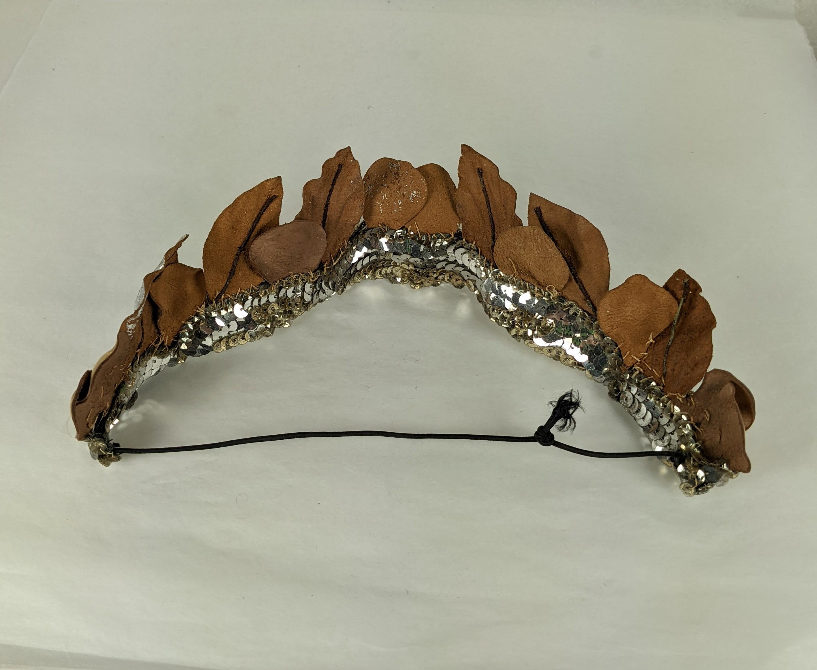 Art Deco Sequin Hair Bandeau of Gilt and Silver Leather Roses 5