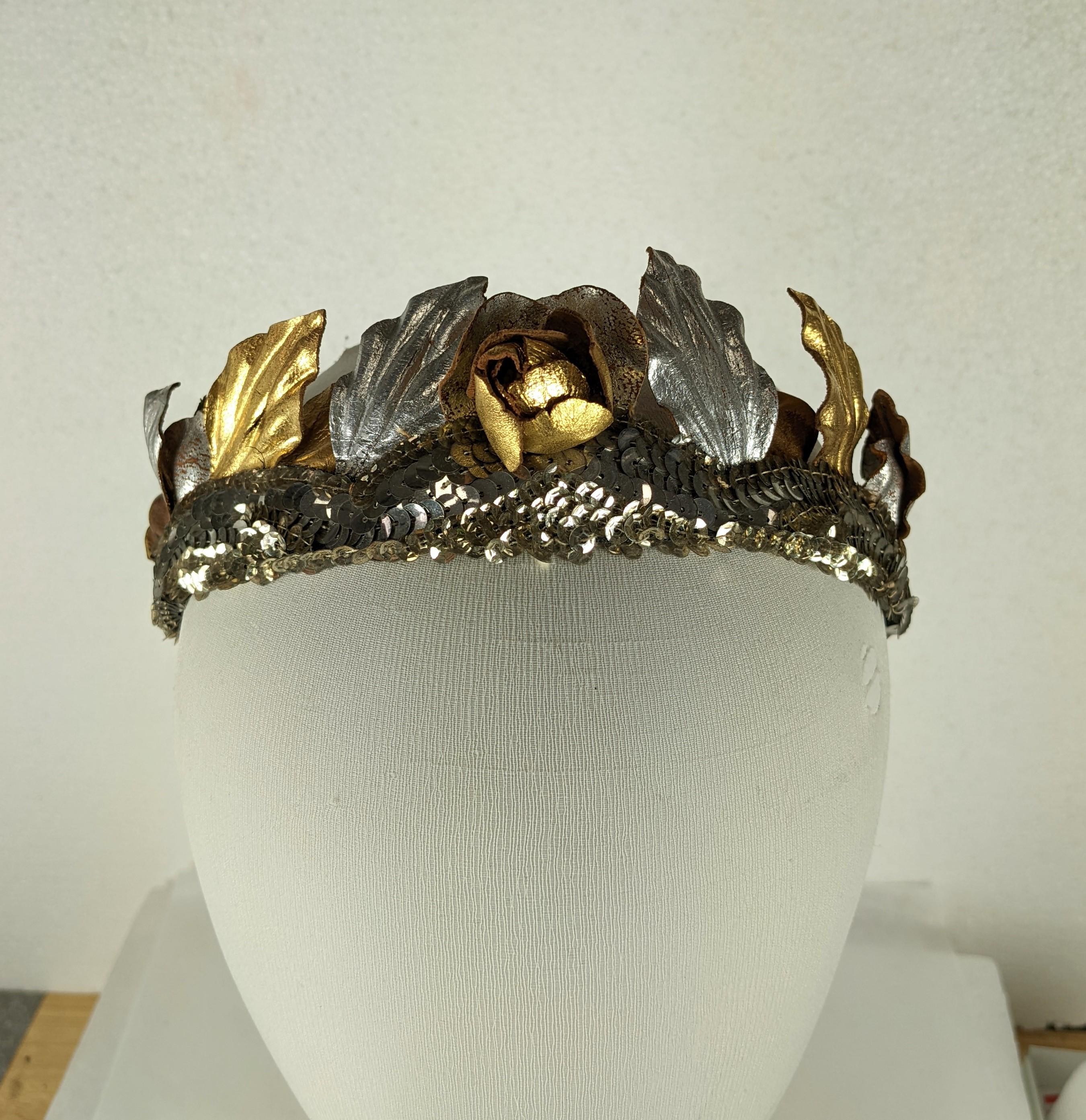 Art Deco Sequin Hair Bandeau of Gilt and Silver Leather Roses In Good Condition In New York, NY